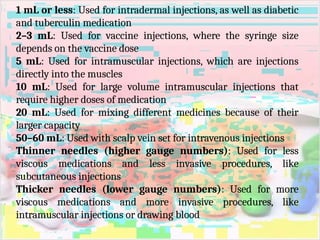 1 mL or less: Used for intradermal injections, as well as diabetic
and tuberculin medication
2–3 mL: Used for vaccine injections, where the syringe size
depends on the vaccine dose
5 mL: Used for intramuscular injections, which are injections
directly into the muscles
10 mL: Used for large volume intramuscular injections that
require higher doses of medication
20 mL: Used for mixing different medicines because of their
larger capacity
50–60 mL: Used with scalp vein set for intravenous injections
Thinner needles (higher gauge numbers): Used for less
viscous medications and less invasive procedures, like
subcutaneous injections
Thicker needles (lower gauge numbers): Used for more
viscous medications and more invasive procedures, like
intramuscular injections or drawing blood
 
