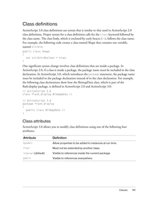 Classes 141
Class definitions
ActionScript 3.0 class definitions use syntax that is similar to that used in ActionScript 2.0
class definitions. Proper syntax for a class definition calls for the class keyword followed by
the class name. The class body, which is enclosed by curly braces ({}), follows the class name.
For example, the following code creates a class named Shape that contains one variable,
named visible:
public class Shape
{
var visible:Boolean = true;
}
One significant syntax change involves class definitions that are inside a package. In
ActionScript 2.0, if a class is inside a package, the package name must be included in the class
declaration. In ActionScript 3.0, which introduces the package statement, the package name
must be included in the package declaration instead of in the class declaration. For example,
the following class declarations show how the BitmapData class, which is part of the
flash.display package, is defined in ActionScript 2.0 and ActionScript 3.0:
// ActionScript 2.0
class flash.display.BitmapData {}
// ActionScript 3.0
package flash.display
{
public class BitmapData {}
}
Class attributes
ActionScript 3.0 allows you to modify class definitions using one of the following four
attributes:
Attribute Definition
dynamic Allow properties to be added to instances at run time.
final Must not be extended by another class.
internal (default) Visible to references inside the current package.
public Visible to references everywhere.
 