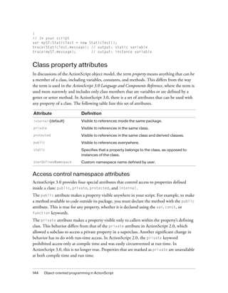 144 Object-oriented programming in ActionScript
}
// In your script
var myST:StaticTest = new StaticTest();
trace(StaticTest.message); // output: static variable
trace(myST.message); // output: instance variable
Class property attributes
In discussions of the ActionScript object model, the term property means anything that can be
a member of a class, including variables, constants, and methods. This differs from the way
the term is used in the ActionScript 3.0 Language and Components Reference, where the term is
used more narrowly and includes only class members that are variables or are defined by a
getter or setter method. In ActionScript 3.0, there is a set of attributes that can be used with
any property of a class. The following table lists this set of attributes.
Access control namespace attributes
ActionScript 3.0 provides four special attributes that control access to properties defined
inside a class: public, private, protected, and internal.
The public attribute makes a property visible anywhere in your script. For example, to make
a method available to code outside its package, you must declare the method with the public
attribute. This is true for any property, whether it is declared using the var, const, or
function keywords.
The private attribute makes a property visible only to callers within the property’s defining
class. This behavior differs from that of the private attribute in ActionScript 2.0, which
allowed a subclass to access a private property in a superclass. Another significant change in
behavior has to do with run-time access. In ActionScript 2.0, the private keyword
prohibited access only at compile time and was easily circumvented at run time. In
ActionScript 3.0, this is no longer true. Properties that are marked as private are unavailable
at both compile time and run time.
Attribute Definition
internal (default) Visible to references inside the same package.
private Visible to references in the same class.
protected Visible to references in the same class and derived classes.
public Visible to references everywhere.
static Specifies that a property belongs to the class, as opposed to
instances of the class.
UserDefinedNamespace Custom namespace name defined by user.
 