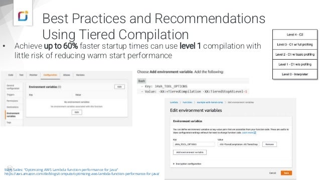 Best Practices and Recommendations
Using Tiered Compilation
• Achieve up to 60% faster startup times can use level 1 compilation with
little risk of reducing warm start performance
Mark Sailes: "Optimizing AWS Lambda function performance for Java”
https://aws.amazon.com/de/blogs/compute/optimizing-aws-lambda-function-performance-for-java/
 