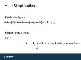 More Simpliﬁcations
Existential types	
  
List[T]	
  forSome	
  {	
  type	
  T},	
  List[_]	
  
Higher-kinded types
List	
  
à Type with uninstantiated type members
List	
  
 