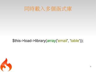 同時載入多個函式庫




$this->load->library(array('email', 'table'));




                                                 6
 