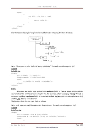 J2EE (Advanced) JAVA
By Mr. K. V. R Page 100
<body>
<%
for (int i=1; i<=10; i++)
{
out.println (i);
}
%>
</body>
</html>
In order to execute any JSP program one must follow the following directory structure:
Write JSP program to print “Hello JSP world to KALYAN”? [For web.xml refer page no: 102]
Answer:
HelloJSP.jsp:
<html>
<title>Fisrt Trail</title>
<head>Fresher to JSP</head><br>
<body>
<h3>Hello JSP world to KALYAN</h3>
</body>
</html>
NOTE:
Whenever we deploy a JSP application in webapps folder of Tomcat we get an appropriate
equivalent servlet for the corresponding JSP file. For example, when we deploy first.jsp through a
document root first in webapps folder of tomcat we get first_jsp.java (which is nothing but a servlet)
and first_jsp.class by Tomcat server.
The location of servlet and .class file is as follows:
Write a JSP page which will display current data and time? [For web.xml refer page no: 102]
Answer:
DateTime.jsp:
<html>
<title>Current Date & Time</title>
<head>Date & Time without using out.println</head><br>
<body>
<%
http://javabynataraj.blogspot.com
 