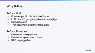 7 | © Copyright 2024 Zilliz
7
Why RAG?
RAG vs. LLM
- Knowledge of LLM is out-of-date
- LLM can not get your private knowledge
- Hallucinations
- Transparency and interpretability
RAG vs. Fine-tune
- Fine-tune is expensive
- Fine-tune spent much time
- RAG is pluggable
 