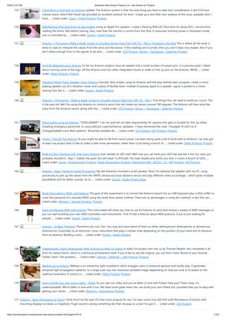 5/2/23, 9:57 AM Advanced View Arduino Projects List - Use Arduino for Projects
https://duino4projects.com/advanced-view-arduino-projects-list/?page31074=5 11/53
155. Controlling a clock with an Arduino Update: The Arduino system is fine; the only thing you have to take into consideration is the 9.54 hour
rollover event, which Rob Faludi has provided an excellent solution for here. I made up a nice little over-analysis of the issue, available here. I
have…... Listed under: Clock – Timer Projects, Projects
156. RGB flashing iPod dock from an old speaker Using an Apple Pro speaker, I made a flashing RGB LED iPod dock for about $35. I recommend
reading the entire 'ible before starting. Also, note that the volume is control from the iPod. It consumes minimal power in shutdown mode,
and is controlled by…... Listed under: Sound – Audio Projects
157. Arduino + Processing: Make a Radar Screen to Visualise Sensor Data from SRF-05 – Part 2: Visualising the Data This is where all the work is
done to read an interpret the values from the servo and the sensor. If the readings are to erratic then you won’t have nice shapes. Also if you
don’t allow enough time to the signals to be sent…... Listed under: LCD Projects, Sensor – Transducer – Detector Projects
158. An 8-Bit Waterfall using Arduino So far my Arduino projects have all needed only a small number of output pins. In a previous post I talked
about moving some of the logic off the Arduino and into other integrated circuits in order to free up pins on the Arduino. While…... Listed
under: Other Projects, Projects
159. Vibration Motor Foam Speaker Using Arduino Concept: Very simple, using an Arduino and the play melody basic program, create a music
playing speaker out of a vibration motor and a piece of flexible foam. Instead of pulsing signal to a speaker, signal is pulsed to a motor
varying how fast it…... Listed under: Sound – Audio Projects
160. Arduino + Processing – Make a Radar Screen to Visualise Sensor Data from SRF-05 – Part 1 First things first, we need to build our circuit. This
is the easy bit! We’ll be using the Arduino to control a servo that will rotate our sensor around 180 degrees. The Arduino will then send the
value from the distance sensor along with the…... Listed under: LCD Projects, Sensor – Transducer – Detector Projects
161. Police Lights using an Arduino **DISCLAIMER** I do not and will not take responsibility for anyone who gets in trouble for this, by either
imitating emergency personnel, or using without a permit/lisence. Updates! -I have shortened the code -Changed 16 LED's to 8 -
Changed/added more flash patterns -Renamed variables As…... Listed under: Car Projects, LED Projects, Projects
162. Honey, I Shrunk The Arduino As you might be able to tell from recent posts, I've been doing quite a bit of work with an Arduino. I've now got
at least one project that I'd like to make a little more permanent, rather than it just being a bunch of…... Listed under: Other Projects, Projects
163. Build A Color Changing LED Tree Using Arduino Ever wanted an LED tree? Well now you can have your LED tree and eat it too (no, wait, you
probably shouldn't).. Step 1: Gather the parts You will need: 1x ATtiny85 10x male header pins Solid core wire, 2 colors A bunch of LEDs…...
Listed under: Game – Entertainment Projects, Home Automation Projects, Interfacing(USB – RS232 – I2c -ISP) Projects, LED Projects
164. Arduino – Basic Theremin meets Processing! My last theremin involved a small speaker. Now I’ve replaced the speaker with my PC, using
processing to pick up the values from the SRF05 ultrasound sonar distance sensor and play different notes accordingly – which gives multiple
possibilities and far better sounds. So to…... Listed under: Sound – Audio Project Ideas
165. Brute force attack a BIOS with Arduino The goal of this experiment is to convert the Arduino board into an USB keyboard plus a VGA sniffer to
crack the password of a standard BIOS using the brute force attack method. There are no advantages in using this method, in fact this can…...
Listed under: Memory – Storage Projects, Projects
166. Send and Receive MIDI with Arduino This instructable will show you how to use an Arduino to send and receive a variety of MIDI messages so
you can start building your own MIDI controllers and instruments. First I'll talk a little bit about MIDI protocol, if you're just looking for
sample…... Listed under: Sound – Audio Projects
167. Arduino – A Basic Theremin Theremins are cool. Fact. You may also have heard of them as either aetherphone/ etherophone or termenvox/
thereminvox. Essentially its an electronic music instrument that plays a certain note depending on the position of your hand and its distance
from an antenna. Building a very…... Listed under: Sound – Audio Projects
168. Tweetosapien: Hack a Robosapien With Arduino to React to Tweets A really fun project sent into us by Thomas Meghe. He’s translated it all
from his native French, which is a technical achievement itself. If you’d like to see the original, you can find it here. Bored of your favorite
Twitter client ? No problem,…... Listed under: Internet – Ethernet – LAN Projects, Projects
169. Walleye using Arduino Walleye is an interactive light installation which engages users in temporal gestural and bodily play. It generates
temporal light propagation patterns, or a large scale very low resolution pixilated image (depending on how you look at it) based on the
realtime movement of visitors in…... Listed under: Other Projects, Projects
170. How to build your own sugru robot – Fixbot So you saw our video and you've fallen in love with Fixbot, have you? That's okay, it's
understandable. We've fallen in love with it too. We have some great news! You can build your own Fixbot too, provided that you're okay with
getting your hands…... Listed under: Robotics – Automation Projects
171. Arduino – Basic Persistance of Vision I think this’ll be the start of a few more projects for me. I’ve seen some cool LED PoV stuff (Persistance of Vision) with
mounting displays on bikes, so hopefully I’ll get round to doing something like that. Anyway as a start I’ve got 5…... Listed under: LED Projects
 