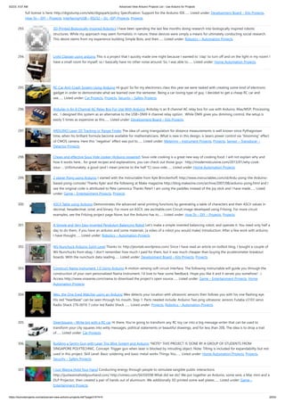 5/2/23, 9:57 AM Advanced View Arduino Projects List - Use Arduino for Projects
https://duino4projects.com/advanced-view-arduino-projects-list/?page31074=5 20/53
full license is here: http://digistump.com/wiki/digispark/policy Specification: Support for the Arduino IDE…... Listed under: Development Board – Kits Projects,
How To – DIY – Projects, Interfacing(USB – RS232 – I2c -ISP) Projects, Projects
293. 3D-Printed Biologically-Inspired Robotics I have been spending the last few months doing research into biologically inspired robotic
structures. While my approach may seem formalistic in nature, these devices were simply a means for ultimately conducting social research.
This desire stems from my experience building Simple Bots, and their…... Listed under: Robotics – Automation Projects
294. Light Clapper using arduino This is a project that I quickly made one night because I wanted to 'clap' to turn off and on the light in my room! I
have a small room for myself, so I basically have no other noise around. So, I was able to…... Listed under: Home Automation Projects
295. RC Car Anti-Crash System Using Arduino Hi guys! So for my electronics class this year we were tasked with creating some kind of electronic
gadget in order to demonstrate what we learned over the semester. Being a car-loving type of guy, I decided to get a cheap RC car and
see…... Listed under: Car Projects, Projects, Security – Safety Projects
296. Arduilay is An 8 Channel AC Relay Box For Use With Arduino Arduilay is an 8 channel AC relay box for use with Arduino, Max/MSP, Processing,
etc. I designed this system as an alternative to the USB>DMX 4 channel relay option. While DMX gives you dimming control, the setup is
easily 5 times as expensive as this…... Listed under: Development Board – Kits Projects
297. ARDUINO Laser 3D Tracking or Range Finder The idea of using triangulation for distance measurements is well known since Pythagorean
time, when his brilliant formula become available for mathematicians. What is new in this design, is lasers power control via “blooming” effect
of CMOS camera. Here this “negative” effect was put to…... Listed under: Metering – Instrument Projects, Projects, Sensor – Transducer –
Detector Projects
298. Cheap and effective Sous Vide cooker (Arduino powered) Sous-vide cooking is a great new way of cooking food. I will not explain why and
how it works here... for great recipes and explanations, you can check out those guys : http://modernistcuisine.com/2013/01/why-cook-
sous-... Unfortunately, a good (and I mean precise to the half °C) sous-vide…... Listed under: Home Automation Projects
299. 2 player Pong using Arduino I started with the Instructable from Kyle Brinckerhoff; http://www.instructables.com/id/Ardu-pong-the-Arduino-
based-pong-console/ Thanks Kyle! and the following at Make magazine http://blog.makezine.com/archive/2007/08/arduino-pong.html and I
see the original code is attributed to Pete Lamonica Thanks Pete!! I am using the paddles instead of the joy stick and I have made…... Listed
under: Game – Entertainment Projects, Projects
300. ASCII Table using Arduino Demonstrates the advanced serial printing functions by generating a table of characters and their ASCII values in
decimal, hexadecimal, octal, and binary. For more on ASCII, see asciitable.com Circuit image developed using Fritzing. For more circuit
examples, see the Fritzing project page None, but the Arduino has to…... Listed under: How To – DIY – Projects, Projects
301. A Simple and Very Easy Inverted Pendulum Balancing Robot Let's make a simple inverted balancing robot, and operate it. You need only half a
day to do them, if you have an arduino and some materials. [a video of a robot you would make] introduction: After a few work with arduino,
I have thought…... Listed under: Robotics – Automation Projects
302. Wii Nunchuck Arduino Spirit Level Thanks to: http://jeonlab.wordpress.com/ Since I have read an article on todbot blog, I bought a couple of
Wii Nunchucks from ebay. I don't remember how much I paid for them, but it was much cheaper than buying the accelerometer breakout
boards. With the nunchuck data reading…... Listed under: Development Board – Kits Projects, Projects
303. Construct Nama Instrument 1.0 Using Arduino A motion sensing soft-circuit interface. The following instructable will guide you through the
construction of your own personalized Nama Instrument. I'd love to hear some feedback. Hope you like it and it serves you somehow! : )
Access http://www.viraseres.com/nama to download the project's open source…... Listed under: Game – Entertainment Projects, Home
Automation Projects
304. Wex, the One Eyed Watcher using an Arduino Wex detects your location with ultrasonic sensors then follows you with his one flashing eye.
His red "heartbeat" can be seen through his mouth. Step 1: Parts needed include: Arduino Two ping ultrasonic sensors Futaba s3103 servo
Radio Shack 276-0016 7 color led Radio Shack …... Listed under: Projects, Robotics – Automation Projects
305. OpenSquare – Write big with a RC car Hi there, You're going to transform any RC toy car into a big message writer that can be used to
transform your city squares into witty messages, political statements or beautiful drawings, and for less than 20$. The idea is to drop a trail
of…... Listed under: Car Projects
306. Building a Sentry Gun with Laser Trip Wire System and Arduino *NOTE* THIS PROJECT IS DONE BY A GROUP OF STUDENTS FROM
SINGAPORE POLYTECHNIC. Concept: Trigger gun when laser is blocked by intruding object. Note: Tilting is included for expandability but not
used in this project. Skill Level: Basic soldering and basic metal works Things You…... Listed under: Home Automation Projects, Projects,
Security – Safety Projects
307. I Just Wanna Hold Your Hand Conducting energy through people to stimulate tangible public interactions
http://ijustwannaholdyourhand.com/ http://vimeo.com/56350598 What did we do? We put together an Arduino, some wire, a Mac mini and a
DLP Projector, then created a pair of hands out of aluminum. We additionally 3D printed some wall plates…... Listed under: Game –
Entertainment Projects
 