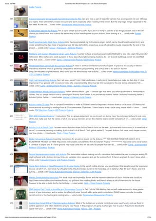 5/2/23, 9:57 AM Advanced View Arduino Projects List - Use Arduino for Projects
https://duino4projects.com/advanced-view-arduino-projects-list/?page31074=5 27/53
Audio Projects
397. Arduino Automatic Temperature& Humidity Controller for Pets Jack and Jose, a pair of beautiful hamster, has accompanied me over 100 days
and nights. Their soft white fur makes me quiet and warm, especially when I coding in the winner. But the very tragic things happened in the
last week. As the cold…... Listed under: Temperature Measurement Projects
398. 9 Volt battery adapter for Arduino This is super simple but very useful if you are in a hurry or just like to do things yourself and on the off
chance you didn't know, this is about the easiest way to add mobile power to your Arduino. After looking at a…... Listed under: Battery
Projects
399. Touch Sensitive Audio Desk Trays- Arduino After having completed my first Arduino project (which can be found here) I wanted to try and
create something that had more of a practical use. My idea behind this project was a way of aiding the visually impaired. By the end of this
project…... Listed under: Sensor – Transducer – Detector Projects
400. RGB lamp with Custom Moodlamp Library using Arduino I wanted to have an easily programmable RGB light to toss into a Jack 'O Lantern for
Halloween. Who really wants a dull pumpkin in these days of pumpkin pimping madness. So I set to work building a pocket tin sized RGB
lamp that could…... Listed under: Game – Entertainment Projects, LED Projects, Projects
401. Homemade Magic Lamp Card Box using an Arduino A robot is a virtual or mechanical artificial agent. In practice, it is usually an electro-
mechanical machine which is guided by computer or electronic programming, and is thus able to do tasks on its own
(http://en.wikipedia.org/wiki/Robot). Well, today you will learn exactly how to build…... Listed under: Home Automation Project Ideas, How To
– DIY – Projects, Projects
402. High Five Camera Using Arduino Can I tell you a secret? I don't like handshakes. I really don't. Handshakes just make me feel dirty. It's too
impersonal. It's a gesture with no soul and reeks of a corporate entity. Why must we limit ourselves to this one boring interaction? Of…...
Listed under: Game – Entertainment Projects, Video – Camera – Imaging Projects
403. Twitter Mention Mood Light using Arduino Twitter Mention Mood Light -- a mood light that alerts you when @username is mentioned on
Twitter. This is a simple intro in how to control your Arduino from Twitter. If you are new to Arduino Twitter / Arduino Processing Twitter /
Arduino Python Twitter…... Listed under: Internet – Ethernet – LAN Projects
404. Arduino makes 2D Level This is a project for Arduino to make a 2D Level, aimed at beginners. Arduino draws a circle on an LED Matrix that
moves around according to readings from a 2D Accelerometer. Objectives: * Learn how to draw a circle using simple Math's * Learn…... Listed
under: CNC Machines Projects, LED Projects, Projects
405. CSCE 236 Embedded Systems 1 Instructions This is a group assignment for you to work on during class. You only need to hand in one copy
of this, but make sure that the names of all of your group members are on this sheet to receive credit. Complete all of…... Listed under: Other
Projects
406. Arduino Etch-A-Sketch Clock I've seen various Arduino driven Etch-A-Sketch clocks on the web , but none with instructions (is it some kind of
secret? Is someone planning on making it rich in the Etch-A-Sketch Clock global market?). I've used Arduino, but never used stepper motors,
real time clocks,…... Listed under: Clock – Timer Projects
407. Blinky Fish using an Arduino Assembly instructions for an add-on board for the Arduino. **** FOR INSTRUCTIONS FOR MARCH 2013,
KICKSTARTER PROJECT GO HERE http://www.instructables.com/id/Blinky-Fish-Kickstarter-Project/ ************ It has some LED's and a button.
It connects to digital pins 9-13 and ground. My hope is that this will be useful to people that want to…... Listed under: Game – Entertainment
Projects, LED Projects, Projects
408. Second degree equation solver with Arduino This instuctable is about making sort of a calculator that enables the user by using an analog 12-
digit keyboard and 4 buttons to input the a,b,c variables into a equation and get the solution for it if there is any.(well if u don't know what…...
Listed under: Calculator Projects, LCD Projects, Projects
409. Home Alert: Arduino + Cloud Messaging On A Large Display In the age of mobile phones, you would expect that people would be responsive
to your call 24/7. Or… not. Once my wife gets home, the phone stays buried in her hand bag, or its battery is flat. We don’t have a land line.
Calling…... Listed under: Home Automation Projects, Internet – Ethernet – LAN Projects
410. Make A Simple Arduino Book clock This book clock was inspired by florinc and the impresive selection of clocks like the wise clock3 etc
http://www.instructables.com/member/florinc/ My girlfriend likes reading books and there is always a pile of them around the house,
however to be able to build this for her birthday…... Listed under: Clock – Timer Projects, Projects
411. DNA Melting Part 2: Lock-in Amplifier and Temperature Control In Part 2 of the DNA Melting Lab you will make revisions to allow greater
control of your instrument and to reduce the effects of noise. You will add a pulse-width modulation (PWM) heater controller to enable
careful control of the heating and cooling rates…... Listed under: Temperature Measurement Projects
412. Control Any Circuit With a TV Remote (and an Arduino) Most of the buttons on a remote control are never used. So why not use them to
control appliances and other electronics around your house. In this project, I am going to show you how to use an Arduino to decode the
signal from your…... Listed under: Home Automation Projects, How To – DIY – Projects
 