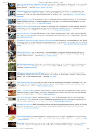 5/2/23, 9:57 AM Advanced View Arduino Projects List - Use Arduino for Projects
https://duino4projects.com/advanced-view-arduino-projects-list/?page31074=5 37/53
550. Bitcoin Price Ticker (almost) from scratch using Arduino as ISP Hello everyone! I decided to create this tutorial on how to make a Bitcoin Price
Ticker. Well, this is only a prototype and I will make a smaller edition with a more pleasant design and some other features at a later time.
However, this serves…... Listed under: Internet – Ethernet – LAN Projects
551. Passive Sensors – Detecting Light and Motion Equipment: Arduino UNO microcomputer, PC with Arduino IDE installed, and a USB cable.
CdS PhotoSensitive Resistor(s), 10K Ohm Resistor, and Parallax PIR Motion Sensor Passive sensors detect some physical
phenomena and provide some amount of information about it that can be used for action…... Listed under: Sensor – Transducer – Detector
Project Ideas
552. Machine Design Using Arduino The assignment for this week is to automate the machine assembled two weeks ago. For this Roxanna milled
the Arduino's shield for controlling the steppers, but Alejandro found that we haven't all the components for stuffing, specially the A3982 -
stepper motor driver, so as…... Listed under: How To – DIY – Projects
553. Tracking Cat Eyes via Kinect using Arduino This instructable was made as part of the CS graduate course "Tangible Interactive Computing" at
the University of Maryland, College Park taught by Professor Jon Froehlich. The course focused on exploring the materiality of interactive
computing and, in the words of MIT Professor Hiroshii Ishii,…... Listed under: Game – Entertainment Projects
554. Build Simon Game Using Arduino High Level Description: For part 3 of the lab, our group decided to build a “Simon” game. Our game setup
uses 3 buttons and 4 LEDs. Each button corresponds to one LED and the 4th LED is used to indicate an error. The game starts…... Listed under:
Game – Entertainment Projects
555. Musical Exercise: Workout Shirt MP3 Player Powered by Exercise using Arduino People love listening to music while exercising. Music provides
the motivation needed for individuals to keep exerting energy and get in shape. So, because people enjoy listening to music while exercising,
what if an MP3 player only played an individual's music while they are active?…... Listed under: Game – Entertainment Projects, Sound – Audio
Projects
556. ANDROID BASED ROBOTICS While the field of robotics is continuously expanding at a remarkable rate and better performing robots are
created every year, robotics still remains out of reach for many students and researchers. The main reasons for this difficulty are the high
complexity of the hardware and…... Listed under: Robotics – Automation Projects
557. Bird Feeder Monitor using Arduino This is a project to monitor the number of birds that visit my bird feeder, as well as record the amount of
time spent feeding. I used an Arduino Yún and a capacitive touch sensor, Adafruit CAP1188, to detect and record the birds feeding. On…...
Listed under: Home Automation Projects
558. 5x5x5 LED Cube – Orientation Independent 3D Display Introduction Our project, in one sentence, is an orientation independent 3D LED
display. We were inspired by various videos on youtube of similar cubes but also by the idea of creating an interactive 3-dimensional display.
We built a 5x5x5 LED cube display and controller…... Listed under: LED Projects
559. Talking Arduino Heart Rate Monitor My partner and I wanted to make heart rate monitor that does more than simply measure a user's heart
rate. Our heart rate monitor talks! Each button gives a verbal description of its functionality and makes the measurements visible on the
screen. This monitor will…... Listed under: Medical – Health based Projects
560. Creating A SoundBox Using Arduino Ideas and Sketches Squat Coach – Detects the depth of your squats and assesses your form. Flex sensor
is positioned to run up the back of knee joint Etch-A-Sketch – Arduino version of Etch-A-Sketch game. Users control stylus with 2 rotational
potentiometers Adaptive Lighting –…... Listed under: Sound – Audio Projects
561. Digital I/O with Arduino Boards Readings in Physical Computing Ch 6. pgs 87-136 (this week and next week) Ch 7: Serial Communication
[137-143; 149-150; 153-161] Before the lab You should have already successfully installed the Arduino environment on your laptop, built the
LED circuit, and successfully load/run the “blink” program to…... Listed under: Development Board – Kits Projects
562. The Creepy Doll using Arduino Here at Mikamai, we often organise events and hackathons. After the last hackathon, someone left an old doll,
and it was kinda creepy... so why not make it even creepier? I decided to put two red LEDs instead of the eyes, and a vibration sensor…...
Listed under: Game – Entertainment Projects
563. Catchin’ time using Arduino This tutorial will show you how to build an interactive toy for children. This toy wants to give a boost to children
to move and play with friends at home or in a park, instead of watching TV and playing videogames. Catchin' time is a…... Listed under: Game
– Entertainment Projects
564. Sleep n’ Tweet Step 1: The Sleep n' Tweet Now I am lucky enough to work at the greatest company in the world as a University of Waterloo,
co-op student. It might not even be a company you’ve heard of yet. They’re named Upverter and we are trying…... Listed under: Home
 