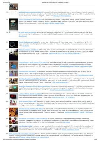 5/2/23, 9:57 AM Advanced View Arduino Projects List - Use Arduino for Projects
https://duino4projects.com/advanced-view-arduino-projects-list/?page31074=5 40/53
596. FabECG: a simple electrocardiogram board Technologies for rudimentary physiological sensing are getting cheaper and easier to implement.
Consider, for instance, these non-contact sensors from UCSD which can be used to take an EEG through hair or an ECG through a T-shirt! One
can even make a simple oscilloscope to digitize,…... Listed under: Medical – Health based Projects
597. Arduino controlled Rotary Stewart Platform This instructable is about building a Rotary Stewart Platform. It allows to position its moving
platform in six degrees of freedom. This specific platform is designed to be able to position a DSLR or any other digital camera. This version
of Stewart Platform uses instead…... Listed under: Video – Camera – Imaging Projects
598. DC Motors Relays Using Arduino Let's get the math over right off the bat. There are a LOT of attempts to describe how Ohm's Law works,
each one nerdier than the last. Here' one I like. Warning: SFWBN (safe for work but nerdy). V = voltage measured in volts -…... Listed under:
Motor Projects
599. ATtiny85 POV Display using arduino The first time I saw a POV (Persistence Of Vision) display was on a show called FAQ on TV. The POV
display consisted of an oscillating shaft with 6 LED's mounted on the end of the shaft. Since then I have always wanted to make…... Listed
under: LED Projects
600. Making art Interactive Using Arduino Unfortunately, due to my need to reclaim my Arduino and breadboards, we don't have photographic
documentation of our circuit. However, the structure of it was rather self-evident. Although we arranged the circuit in a such a way that we
could program other functions, but we…... Listed under: Interfacing(USB – RS232 – I2c -ISP) Projects, Phone Projects
601. Control Keyboard & Mouse Android app via Arduino This instructable will show you how to control your computer's keyboard and mouse
with an Android app via bluetooth to an Arduino BACKGROUND Ever wanted to control your computer's mouse/keyboard functionality
without having to actually sit in front of it? I do all the time.…... Listed under: Arduino Android, Internet – Ethernet – LAN Projects, Projects
602. Augmented Water using arduino The Augmented Water device helps you save water by turning red after one Liter. The device, built by
@tamberg during a water hackathon, is made from an Arduino, a flow sensor and coloured LED pixels. Video
https://www.flickr.com/photos/tamberg/14346321456/ (thanks kiilo) In case you want to build…... Listed under: Home Automation Projects
603. Blind Maze Navigation using 2-DOF Haptic Joystick The domain of haptics has immense potential as a technology to assist visually-impaired
individuals with their navigation of the physical world. In this project, we sought to develop a 2-DOF haptic joystick to provide force-feedback
to a user as she attempts to navigate a maze…... Listed under: Game – Entertainment Projects
604. Temperature Displayed on 4 Digit 7 segment using Arduino In this project I’ll display the temperature in a 4 digit 7 segment display (common
anode). The sensor is the cheapest you can find so actually the temperature changes pretty easily which makes the display to show always
different temperatures. But the idea is to…... Listed under: Projects, Temperature Measurement Projects
605. A compact, Arduino altimeter for RC Planes Please vote for this Instructable if you think it deserves it! Thanks! The Ultimate Altimeter is a
super-compact, Arduino controlled altimeter capable of measuring the altitude with an accuracy of 0.3 meters, and saving the highest and
lowest values it has measured. It is powered…... Listed under: Interfacing(USB – RS232 – I2c -ISP) Projects
606. Wiring Harness for the LCD Panel Assembly of the Female Connector Block The wiring harness has a male and female end. The gender of
electrical and mechanical parts is described on this Wikipedia page. The header pins that are soldered into the circuit board for the LCD panel
are plugged into…... Listed under: LCD Projects
607. Android Accessories Made Easy With Arduino The Android Open Accessory Protocol makes it possible for you to create custom Arduino-
based accessories for your Android phone or tablet. Attend this session to learn how to get started, the hardware &amp; software required
and how Handbag makes development easier. Content will be useful…... Listed under: Arduino Android, Internet – Ethernet – LAN Projects,
Projects
608. Huge Arduino Animatronic LED Eyeball using arduino I'm currently in the process of making a Halloween contraption that has a few
components that are worth documenting. The Huge Arduino Animatronic LED Eyeball is one of them. Background Most animatronic eyeball
projects that I found were more or less life-size. They were usually…... Listed under: LED Projects
609. Brain-Computer Interface Introduction Our goal was to build a brain-computer interface using an AVR microcontroller. We decided that the
least invasive way of measuring brain waves would be using electroencephalography (EEG) to record microvolt-range potential differences
across locations on the user's scalp. In order to accomplish this,…... Listed under: Medical – Health based Projects
610. Happy Androids with Arduino Video instructions Arduino + Android Normally smartphone events are tightly coupled to your phone device itself. When your
cell phone is ringing, your phone speaker plays a ringtone. When you get a new text message, your phone displays it on its screen. Wouldn't it be thrilling to…...
Listed under: Arduino Android, Internet – Ethernet – LAN Projects, Projects
 