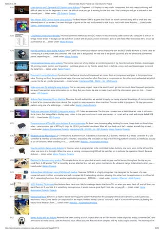 5/2/23, 9:57 AM Advanced View Arduino Projects List - Use Arduino for Projects
https://duino4projects.com/advanced-view-arduino-projects-list/?page31074=5 42/53
626. Learn how to use 7-Segment LED Display using Arduino 7-Segment LED Display is a very useful component, but also a very confusing and
difficult piece to use for beginners. It won’t be difficult once you get it working for the first time. This is what you will get at the end of the
tutorial (part…... Listed under: LED Projects, Projects
627. Bass Master 3000 Carnival Game using arduino The Bass Master 3000 is a game that I built for a work carnival along with a small and very
talented team of co-workers. I've seen this type of game on the net, but I wanted to kick it up a notch with some Arduino…... Listed under:
Game – Entertainment Projects
628. L293 Motor Driver and H-Bridges The most common method to drive DC motors in two directions under control of a computer is with an H-
bridge motor driver. H-bridges can be built from scratch with bi-polar junction transistors (BJT) or with field effect transistors (FET), or can be
purchased as an…... Listed under: Motor Projects
629. How to connect a servo to the Arduino Servo Cable The continuous rotation servos that come with the BOE Shield-Bot have a 3-wire cable for
connecting it to the power and controller. The black wire is the ground, the red wire is the power (positive) and the white wire (sometimes
yellow, depending on…... Listed under: Motor Projects
630. Conversational Gloves using arduino This is what came out of my attempt at combining some of my favorite tools and themes...Grasshopper,
3D printing, kinetic motion, and linguistics. I put these gloves on my friends, asked them to tell me a story, and used Grasshopper to record
the data from…... Listed under: Radio Projects
631. Pneumatic Inverted Pendulum Construction Mechanical structure Compressed air comes from air compressor and goes in the proportional
valve. Coming out from the proportional valve, there are two branches of air flow (one is compressor air, the other one is exhausted air) which
connect to the air cylinder (pneumatic…... Listed under: Interfacing(USB – RS232 – I2c -ISP) Projects
632. Make your own TV ambilight using Arduino This is a very easy project. Here is the result I won't go into too much detail how each part works,
because I have written some information on my blog. But you should be able to make it work with the information given on this…... Listed
under: LED Projects
633. Arduino Step Sequencer Drum Machine Overview As avid audiophiles, we wanted to apply our newly acquired knowledge of microcontrollers
to build a fun consumer electronic device. Our project is a step sequencer drum machine. The user is able to program a 16-step percussion
pattern using one of a wide range…... Listed under: Sound – Audio Projects
634. Build your own 4x4x4 RGB LED Cube using arduino LED Cubes are awesome. The first one I created was a 8x8x8 blue led cube. It still works
like a charm. But being able to display every colour in the spectrum is much more spectacular. Let's start with a small and simple 4x4x4 RGB
LED…... Listed under: LED Projects
635. Programming an ATTiny13A using Arduino & servo interpreter So there I was, browsing eBay, looking for some cheap deals on Atmel chips
when i came across a pair of ATTiny13 chips for £2.50. I just had to have them! After all, how hard can it be? I needed a small chip to read…...
Listed under: Arduino Programmer Projects, Interfacing(USB – RS232 – I2c -ISP) Projects, Motor Projects, Projects
636. Retablillo de las Maravillas v1.0 4./ Interactivity & electronics 4.1/ Switches / characters 4.2/ Screen / interface 4.3/ Motor controller 4.4/ I/O
controller & interface [4./ electronics] [4.1/ switches / characters] The characters on top of the moving platform function, as interfaces, actually
as on-off switches. While standing in its…... Listed under: Robotics – Automation Projects
637. How to control a Servo using Arduino In this one, servo is programmed to be controlled by two buttons, one turns servo to the left and the
other one turns it to the right. When the servo is turning, corresponding LED will be switched on to indicate the operation. Result: Because
Arduino…... Listed under: Motor Projects, Projects
638. Desktop Fist Bumper using arudino This simple device sits on your desk at work, ready to give you fist bumps throughout the day as you
need them. A 3D printed "fist" is moved by a servo attached to a rack and pinion mechanism. An ultrasonic range finder detects when you…...
Listed under: Battery Projects
639. Arduino Basic Wifi Project using ESP8266 wifi module Overview ESP8266 is a highly integrated chip designed for the needs of a new
connected world. It offers a complete and self-contained Wi-Fi networking solution, allowing it to either host the application or to offload all
Wi-Fi networking functions from another application processor. ESP8266…... Listed under: Internet – Ethernet – LAN Projects
640. $1.50 Arduino TV Annoyer Hey Arduino fans! Here is an 'ible for making a device that turns TVs on when you want them off, and off then you
want them on! If you hide it in something inconspicuous, it would make a great April Fools joke or gag gift.…... Listed under: Home
Automation Projects, Projects
641. Katrina And Maya bOunce is a haptics-based learning game system that teaches the concepts behind wave dynamics, and in particular,
resonance. The bOunce device (an adaptation of the Haptic Paddle) allows a user to "bounce" a ball in a virtual environment. By feeling the
haptic force feedback from…... Listed under: Robotics – Automation Projects
642. Stereo Audio with an Arduino Recently I've been posting a lot of projects that use an 8 bit resistor ladder digital to analog converter(DAC) and
an Arduino to make sound. (see the Arduino vocal effects box, the Arduino drum sampler, and my audio output tutorial). The technique I've
 