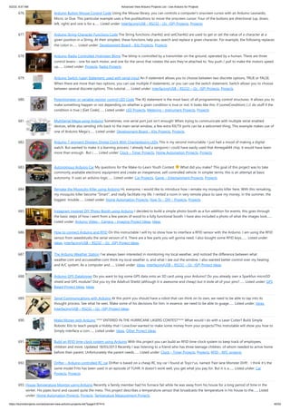 5/2/23, 9:57 AM Advanced View Arduino Projects List - Use Arduino for Projects
https://duino4projects.com/advanced-view-arduino-projects-list/?page31074=5 45/53
676. Arduino Button Mouse Control Code Using the Mouse library, you can controls a computer's onscreen cursor with an Arduino Leonardo,
Micro, or Due. This particular example uses a five pushbuttons to move the onscreen cursor. Four of the buttons are directional (up, down,
left, right) and one is for a…... Listed under: Interfacing(USB – RS232 – I2c -ISP) Projects, Projects
677. Arduino String Character Functions Code The String functions charAt() and setCharAt() are used to get or set the value of a character at a
given position in a String. At their simplest, these functions help you search and replace a given character. For example, the following replaces
the colon in…... Listed under: Development Board – Kits Projects, Projects
678. Arduino-Radio Controlled Hydrogen Blimp The blimp is controlled by a transmitter on the ground, operated by a human. There are three
control levers-- one for each motor, and one for the servo that rotates the axis they're attached to. You push / pull to make the motors speed
up…... Listed under: Projects, Radio Projects
679. Arduino Switch (case) Statement, used with serial input An if statement allows you to choose between two discrete options, TRUE or FALSE.
When there are more than two options, you can use multiple if statements, or you can use the switch statement. Switch allows you to choose
between several discrete options. This tutorial…... Listed under: Interfacing(USB – RS232 – I2c -ISP) Projects, Projects
680. Potentiometer or variable resistor control LED Code The if() statement is the most basic of all programming control structures. It allows you to
make something happen or not depending on whether a given condition is true or not. It looks like this: if (someCondition) { // do stuff if the
condition is true } [Get Code]…... Listed under: LED Projects, Metering – Instrument Projects, Projects
681. MultiSerial Mega using Arduino Sometimes, one serial port just isn't enough! When trying to communicate with multiple serial enabled
devices, while also sending info back to the main serial window, a few extra RX/TX ports can be a welcomed thing. This example makes use of
one of Arduino Mega's…... Listed under: Development Board – Kits Projects, Projects
682. Arduino 7 segment Displays Digital Clock With Charlieplexing LEDs This is my second instructable. I just had a mood of making a digital
watch. But wanted to make it a learning process. I already had a sanguino i could have easily used that Atmega644 chip. it would have been
more than enough. But i…... Listed under: Clock – Timer Projects, Home Automation Projects, Projects
683. Autonomous Arduino Car My questions for the Make-to-Learn Youth Contest What did you make? This goal of this project was to take
commonly available electronic equipment and create an inexpensive, self-controlled vehicle. In simpler terms, this is an attempt at basic
autonomy. It uses an arduino logic…... Listed under: Car Projects, Game – Entertainment Projects, Projects
684. Remake the Mosquito Killer using Arduino Hi, everyone, i would like to introduce how i remake my mosquito killer here. With this remaking,
my mosquito killer become "Smart", and really facilitate my life. I rented a room in very remote place to save my money, in the summer, the
biggest trouble…... Listed under: Home Automation Projects, How To – DIY – Projects, Projects
685. Instagram Inspired DIY Photo-Booth using Arduino I decided to build a simple photo-booth as a fun addition for events, this goes through
the basic steps of how i went from a few pieces of wood to a fully functional booth. I have also included a photo of what the images look…...
Listed under: Arduino Video – Camera – Imaging Project Ideas, Ideas
686. How to connect Arduino and RFID On this instructable I will try to show how to interface a RFID sensor with the Arduino. I am using the RFID
sensor from seeedstudio the serial version of it. There are a few parts you will gonna need. I also bought some RFID keys.…... Listed under:
Ideas, Interfacing(USB – RS232 – I2c -ISP) Project Ideas
687. The Arduino Weather Station I've always been interested in monitoring my local weather, and noticed the difference between what
weather.com and accuweather.com think my local weather is, and what I see out the window. I also wanted better control over my heating
and A/C system. As a computer and…... Listed under: Ideas, Interfacing(USB – RS232 – I2c -ISP) Project Ideas
688. Arduino GPS Datalogger Do you want to log some GPS data onto an SD card using your Arduino? Do you already own a Sparkfun microSD
shield and GPS module? Did you try the Adafruit Sheild (although it is awesome and cheap) but it stole all of your pins?…... Listed under: GPS
Based Project Ideas, Ideas
689. Serial Communications with Arduino At this point you should have a robot that can think on its own, we need to be able to tap into its
thought process. See what he sees. Make some of his decisions for him. in essence, we need to be able to guage…... Listed under: Ideas,
Interfacing(USB – RS232 – I2c -ISP) Project Ideas
690. Make Money with Arduino **** ENTERED IN THE HURRICANE LASERS CONTEST**** What would I do with a Laser Cutter? Build Simple
Robotic Kits to teach people a Hobby that I Love.Ever wanted to make some money from your projects?This Instrutable will show you how to
Simply interface a coin…... Listed under: Ideas, Other Project Ideas
691. Build an RFID time-clock system using Arduino With this project you can build an RFID time-clock system to keep track of employees,
children and more. Updated 18/03/2013 Recently I was listening to a friend who has three teenage children, of whom needed to arrive home
before their parent. Unfortunately the parent needs…... Listed under: Clock – Timer Projects, Projects, RFID - NFC projects
692. Drifter – Arduino controlled RC car Drifter is based on a cheap RC toy car I found at Toys'r'us, named 'Fast lane Monster Drift'. I think it's the
same model Frits has been used in an episode of TLIHR. It doesn't work well, you get what you pay for. But it is a…... Listed under: Car
Projects, Projects
693. House Temperature Monitor using Arduino Recently a family member had his furnace fail while he was away from his house for a long period of time in the
winter. His pipes burst and caused quite the mess. This project describes a temperature sensor that broadcasts the temperature in his house to the…... Listed
under: Home Automation Projects, Projects, Temperature Measurement Projects
 