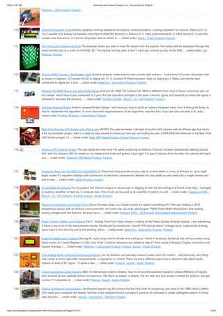 5/2/23, 9:57 AM Advanced View Arduino Projects List - Use Arduino for Projects
https://duino4projects.com/advanced-view-arduino-projects-list/?page31074=5 47/53
Ethernet – LAN Projects, Projects
710. Arduino Stopwatch Code Arduino projects, running stopwatch on arduino. Arduino projects, running stopwatch on arduino. Parts List;1) 1x
16×2 parallel LCD display (compatible with Hitachi HD44780 driver)2) 1x Arduino3) 1x 10kΩ potentiometer4) 1x 10kΩ resistor5) 1x switch6)
Jumper wire Instruction; 1) Connect all jumper wire as shown in…... Listed under: Clock – Timer Projects, Projects
711. LED Show using Arduino Esplora This example shows you how to read the values from the joystick. The output will be displayed through the
serial monitor and as a color on the RGB LED. The joystick has two axes, X and Y. Each axis controls a color of the RGB…... Listed under: LED
Projects, Projects
712. Arduino RPM Counter / Tachometer Code Arduino projects, make arduino rpm counter with arduino. Instruction;1) Connect all jumper wire
as shown in diagram. 2) Connect IR LED to digital pin 13. 3) Connect IR Phototransistor (dark) to digital pin 2. Make sure shorter lead
connected to digital pin 2 and…... Listed under: Metering – Instrument Projects, Projects
713. Arduino HC-SR04 How to use Ultra Sonic Sensor Arduino HC-SR04 The Arduino HC-SR04 is different from most of those commonly seen on
the market, which have 4 pins compared to 3 pins. But the operation principle is the same, transmit signal, and depends on when the signal is
received to estimate the distance.…... Listed under: Interfacing(USB – RS232 – I2c -ISP) Projects, Projects
714. Arduino Hexapod Robot Arduino Hexapod Robot Design I will show you how to build an arduino hexapod robot, from building the body, to
how to implement the algorithm. To learn about the implementation of the algorithm, read this first, if you are not sure what is IK, read…...
Listed under: Projects, Robotics – Automation Projects
715. Real-Time Arduino GPS Tracker with iPhone app [INTRO] This past semester, I decided to build a GPS receiver with an iPhone app that tracks
it for my semester project. Here is a step-by-step tutorial to show you how you can build your own. [OVERVIEW] Architecture of my Real-Time
GPS Tracker project. I’ll…... Listed under: Blog, GPS Based Projects, Phone Projects, Projects
716. Arduino GPS Tracking System This was easily the most time I’ve spent producing an Arduino Tutorial. I’ve been sporadically walking around
NYC with this Arduino GPS for weeks as I’ve tweaked the code and gotten it just right. If it wasn’t obvious from the title, this tutorial will teach
you…... Listed under: Featured, GPS Based Projects, Projects
717. A arduino library for the MAX7221 and MAX7219 These two chips provide an easy way to control either an array of 64 Led's or up to eight
digits made of 7-segment displays with a minimum of electronic components. Besides the chip itself you will need only a single resistor and
one or two…... Listed under: Other Projects, Projects
718. An amplifier for Arduino For my project, the Arduino output is not enough so digging on the net and asking to a friend some help, I managed
to build an amplifier to feed my 3 computer fans. This circuit can be used as an amplifier to switch on and…... Listed under: Interfacing(USB –
RS232 – I2c -ISP) Projects, Projects, Sound – Audio Projects
719. Arduino temperature controlled PC Fan Oscar Gonzalez gives us a simple tutorial for speed controlling a PC FAN and reading a LM35
temperature sensor with an Arduino microcontroller. He covers the use of an optocoupler, PWM (Pulse Width Modulation) and reading
analog voltages with the Arduino. He even has a…... Listed under: Projects, RTOS – OS Projects, Temperature Measurement Projects
720. Power (Energy) Meter using Arduino Part 1. Analog Front-End. Opto-Isolator. Looking at the Power Quality Analyzer display, I was wandering,
if there is any error in the measurement results, introduced by transformer. Overall THD picture doesn’t change much, suspiciously drawing
same chart in the morning and in the evening, when…... Listed under: Metering – Instrument Projects, Projects
721. Audio VU Meter using Arduino Biasing AC input using resistor divider and scaling up / down if necessary; Sampling fast and accurately using
direct access to Control Registers of ADC and Timer1; Subtract whatever was added at step #1 from result of Analog / Digital conversion and
Square; Average /…... Listed under: Metering – Instrument Projects, Projects, Sound – Audio Projects
722. True Analog Audio Volume Control using Arduino ow my Arduino can precisely measure audio input (VU meter), and obviously, next thing
that comes to mind right after measurements, is regulation or control. There are many different ways how to electronically adjust audio
volume or level of AC signal. I’ll name a few:…... Listed under: Projects, Sound – Audio Projects
723. Sound Localization using Arduino Well, it’s elementary simple in theory, how to do sound localization based on phase difference of signals,
that received by two spatially distant microphones. The Devil, as always, in details. I’ve not seen any such project created for arduino, and get
curious if it’s possible at…... Listed under: Projects, Sound – Audio Projects
724. Speech Synthesizer using Arduino Synthesized speech was for a long time the Holy Grail of computing, and back in the 1980s when a 4MHz
CPU made your computer the fastest machine in the neighborhood it just wasn't practical for software to create intelligible speech. In those
days the only…... Listed under: Sensor – Transducer – Detector Projects
 