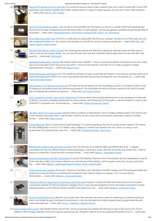 5/2/23, 9:57 AM Advanced View Arduino Projects List - Use Arduino for Projects
https://duino4projects.com/advanced-view-arduino-projects-list/?page31074=5 8/53
108. Arduino PCR (thermal cycler) for under $85 This tutorial will show you how to make a thermal cycler from scratch for about $85. In short, PCR
(polymerase chain reaction) amplifies bits of DNA, creating millions of copies of a target sequence. You can use it to test a DNA sample for
a…... Listed under: How To – DIY – Projects
109. ISP Clip for ATtiny44/84 (or others!) I got my start in microcontrollers with the Arduino, as many of us outside of electrical engineering did.
(And still do!) The ease of programming that little board makes it a great gateway... and like any gateway, sometimes you go through. Most of
my projects…... Listed under: Development Board – Kits Projects, Interfacing(USB – RS232 – I2c -ISP) Projects
110. RFI-DJ: MP3 Playing RFID Thing The RFI-DJ is a USB device for playing MP3 files from your computer. You have a set of RFID cards, each one
with a song name written on it. You choose a card and place it on the RFI-DJ, and your computer will play that…... Listed under: RFID - NFC
projects, Sound – Audio Projects
111. RGB LED Color Selector / Picker / Chooser One Challenge with working with RGB LEDs is getting the right Red, Green and Blue values to
match a color you are trying to display. You can start with web colors, and then sometimes need to adjust them since the LEDs don't look
quite the…... Listed under: LED Projects
112. Radioactive isotope decay simulation My students need to learn LabVIEW —I know, it's proprietary software, and expensive, but until a viable
open-source equivalent comes along we're stuck with it— and one of the exercises I have them do is to make a program to analyze
radioactive decay. This gives…... Listed under: Radio Projects
113. Make A Mood Lamp with Arduino Hi! In this tutorial you will learn to make a mood lamp with Arduino. I know that you may have seen a lot of
mood lamp projects with Arduino, but I wasn't very satisfied with them because they all change the color very abruptly. So,…... Listed under:
Home Automation Projects
114. Self-Contained 7x7x7 LED Cube using Arduino LED cubes are true 3D displays that work by lighting up points in a 3D lattice of LEDs. On the
3D display you can produce some truly mesmerizing animations. This Instructable will walk you through creating an LED cube for yourself
that is completely self-contained and powered…... Listed under: LED Projects, Projects
115. Using a quadrature encoder (rotary switch) with Arduino I've found several sites and posts explaining how to use a quadrature encoder with
an Arduino, but wasn't completely satisfied with any of the methods used. Perhaps part of the problem is with the encoder I'm using: it's part
#COM-09117 at Sparkfun.com. This encoder has…... Listed under: Arduino Programmer Projects
116. Use xbees (series 2) to control a motor Using two xbees, an arduino, an xbee explorer, and an h-bridge, wirelessly control a DC motor to spin
in both directions (last video). Note: I used the xbee I linked to, but for a one to one communication, rather than a network of wireless
devices,…... Listed under: Motor Projects
117. Simple Datalogger Here's a simple Arduino-based datalogger I'm currently developing: This test-of-concept model is based on the Arduino
Pro Mini (ATMega168). It runs on a 1.5-V battery, using a voltage up-converter from Sparkfun.com. For a sensor, it's using a 3-axis
accelerometer on a breakout board, also from…... Listed under: Development Board – Kits Projects
118. BaW-Bot Part 3: Adding Sight and Touch to the Bot This is the third part of our BaW-Bot (Bells-and-Whistles Bot) build – 5 separate
instructables that look into different Arduino-related technologies, combining to create a Bot with all the bells-and-whistles. Part 1: Build an
Arduino on a Board Part 2: Build the motor-controller & body…... Listed under: Robotics – Automation Projects
119. Building an Breathalyzer with MQ-3 and Arduino During the First Meeting of Electronic Arts in Florianópolis, we built a Breathalyzer using the
Alcohol Gas Sensor MQ-3 and a Arduino Board to use in the last day of the meeting, in which we gave a party. You can see a quick video
two…... Listed under: Medical – Health based Projects, Projects, Sound – Audio Projects
120. Simple Arduino data-collection At this year's "Arduinos in the Physics Lab" workshop at the AAPT meeting, one of the participants asked for a
simple way of using the Arduino as a tethered A/D converter for data collection direct to a computer. This is my quick & dirty
demonstration…... Listed under: Metering – Instrument Projects
121. Energino: an Arduino-based energy consumption monitoring shield Energino is a plug-load meter that measures the amount of power
consumed by whatever DC electrical appliance is plugged into its. It was originally designed to monitor the energy consumption of simple
networking devices such as Ethernet switches and WiFi access points, but it can…... Listed under: Metering – Instrument Projects
122. More Humane Moisture sensor Recently I got a project from Titan industries, who were in search of something as an interactive plant pot
which could bridge this gap of emotional communication, in mins this reminded me of brilliant projects done by people where the plant
could could tweet and…... Listed under: Sensor – Transducer – Detector Projects
123. Arduino-based event counter I teach Modern Physics here at CSUC, and we occasionally use isotopes with half-lives of a year or less (such as Zinc-65 and
Cadmium-109) for energy-calibration sources for a gamma-spectroscopy lab. I thought it might be fun to try measuring the activity of one of…... Listed under:
 