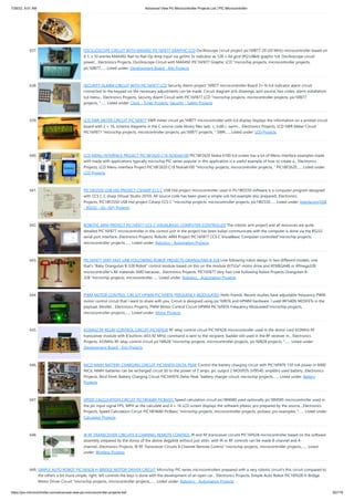 7/26/22, 9:51 AM Advanced View Pic Microcontroller Projects List | PIC Microcontroller
https://pic-microcontroller.com/advanced-view-pic-microcontroller-projects-list/ 50/179
637. OSCILLOSCOPE CIRCUIT WITH MAX492 PIC16F877 GRAPHIC LCD
Oscilloscope circuit project pic16f877-20 (20 MHz) microcontroller based on
X 1, x 10 entries MAX492 Rail-to-Rail Op Amp input via grilimi 5v indicator as 128 × 64 glcd (PG12864) graphic lcd. Oscilloscope circuit
power... Electronics Projects, Oscilloscope Circuit with MAX492 PIC16F877 Graphic LCD "microchip projects, microcontroller projects,
pic16f877…... Listed under: Development Board - Kits Projects
638. SECURITY ALARM CIRCUIT WITH PIC16F877 LCD
Security Alarm project 16f877 microcontroller Board 2×16 lcd indicator alarm circuit
connected to the keypad on the necessary adjustments can be made. Circuit diagram pcb drawings, asm source, hex codes, alarm installation,
lcd menu... Electronics Projects, Security Alarm Circuit with PIC16F877 LCD "microchip projects, microcontroller projects, pic16f877
projects, "…... Listed under: Clock - Timer Projects, Security - Safety Projects
639. LCD SWR METER CIRCUIT PIC16F877
SWR meter circuit pic16f877 microcontroller with lcd display displays the information on a printed circuit
board with 2 × 16, schema diagrams in the C source code library files (adc. c, lcd8 c, swrm.... Electronics Projects, LCD SWR Meter Circuit
PIC16F877 "microchip projects, microcontroller projects, pic16f877 projects, " SWR…... Listed under: LCD Projects
640. LCD MENU INTERFACE PROJECT PIC18F2620 C18 NOKIA6100
PIC18F2620 Nokia 6100 lcd screen has a lot of Menu interface examples made
with made with applications typically microchip PIC series popular in this application is a useful example of how to create a... Electronics
Projects, LCD Menu interface Project PIC18F2620 C18 Nokia6100 "microchip projects, microcontroller projects, " PIC18F2620…... Listed under:
LCD Projects
641. PIC18F2550 USB HID PROJECT CSHARP CCS C
USB Hid project microcontroller used in Pic18f2550 software is a computer program designed
with CCS C C sharp (Visual Studio 2010). All source code has been given a simple usb hid example also prepared...Electronics
Projects, PIC18F2550 USB Hid project Csharp CCS C "microchip projects, microcontroller projects, pic18f2550…... Listed under: Interfacing(USB
- RS232 - I2c -ISP) Projects
642. ROBOTIC ARM PROJECT PIC16F877 CCS C VISUALBASIC COMPUTER-CONTROLLED
The robotic arm project and all resources are quite
detailed PIC16F877 microcontroller in the control unit in the project has been kullaıl communicate with the computer is done via the RS232
serial port interface...Electronics Projects, Robotic ARM Project PIC16F877 CCS C VisualBasic Computer-controlled"microchip projects,
microcontroller projects,…... Listed under: Robotics - Automation Projects
643. PIC16F877 VERY FAST LINE FOLLOWING ROBOT PROJECTS ORANGUTAN B-328
Line following robot design in two different models, one
that’s “Baby Orangutan B-328 Robot” control module based on this on the module tb752a1 motor drive and ATMEGA48 or ATmega328
microcontroller’s All materials SMD because... Electronics Projects, PIC16F877 Very Fast Line Following Robot Projects Orangutan B-
328 "microchip projects, microcontroller…... Listed under: Robotics - Automation Projects
644. PWM MOTOR CONTROL CIRCUIT HPWM PIC16F876 FREQUENCY MODULATED
Hello friends. Recent studies have adjustable frequency PWM
motor control circuit that I want to share with you. Circuit is designed using pic16f876 and HPWM hardware. I used IRF540N MOSFETs in the
payload. Mosfet... Electronics Projects, PWM Motor Control Circuit HPWM PIC16F876 Frequency Modulated"microchip projects,
microcontroller projects,…... Listed under: Motor Projects
645. 433MHZ RF RELAY CONTROL CIRCUIT PIC16F628
RF relay control circuit PIC16F628 microcontroller used in the donor card 433MHz RF
transceiver module with 8 buttons (433.92 MHz) command is sent to the recipient. Sadder still used in the RF receiver in... Electronics
Projects, 433MHz RF relay control circuit pic16f628 "microchip projects, microcontroller projects, pic16f628 projects, "…... Listed under:
Development Board - Kits Projects
646. NICD NIMH BATTERY CHARGING CIRCUIT PIC16F876 DELTA-PEAK
Control the battery charging circuit with PIC16F876 150 mA power in 6000
NiCd, NiMH batteries can be recharged circuit 50 to the power of 2 amps. pic output 2 MOSFETs (irf9540, smp60n) used battery...Electronics
Projects, Nicd Nimh Battery Charging Circuit PIC16F876 Delta-Peak "battery charger circuit, microchip projects,…... Listed under: Battery
Projects
647. SPEED CALCULATION CIRCUIT PIC18F4680 PICBASIC
Speed calculation circuit pic18f4680 used optionally pic18f4585 microcontroller used in
the pic input signal FPS, MPH as the calculate and 4 × 16 LCD screen displays the software pibasic pro prepared by the source....Electronics
Projects, Speed Calculation Circuit PIC18F4680 PicBasic "microchip projects, microcontroller projects, picbasic pro examples, "…... Listed under:
Calculator Projects
648. IR RF TRANSCEIVER CIRCUITS 8 CHANNEL REMOTE CONTROL
IR and RF transceiver circuits PIC16F628 microcontroller based on the software
assembly prepared by the donor of the above değşiklik without just sittin ‘with IR or RF controls can be made 8-channel and 4-
channel...Electronics Projects, IR RF Transceiver Circuits 8 Channel Remote Control "microchip projects, microcontroller projects,…... Listed
under: Wireless Projects
649. SIMPLE AUTO ROBOT PIC16F628 H-BRIDGE MOTOR DRIVER CIRCUIT
Microchip PIC series microcontrollers prepared with a very robotic circuit’s this circuit compared to
the others a bit more simple, right, left controls the keys is done with the development of an open car... Electronics Projects, Simple Auto Robot PIC16F628 H-Bridge
Motor Driver Circuit "microchip projects, microcontroller projects,…... Listed under: Robotics - Automation Projects
 