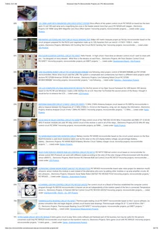 7/26/22, 9:51 AM Advanced View Pic Microcontroller Projects List | PIC Microcontroller
https://pic-microcontroller.com/advanced-view-pic-microcontroller-projects-list/ 54/179
689. 12V 100W LAMP WITH MAGNIFIER LENS DISCO EFFECT SYSTEM
Disco effects of the system control circuit PIC16F628 on board but the basic
parts 12 volt 100-watt lamp and a magnifying lens (one in the header extend more than you;)) PIC16F628 with stepper... Electronics
Projects,12V 100W Lamp With Magnifier Lens Disco Effect System "microchip projects, microcontroller projects,…... Listed under: Other
Projects
690. 8X8 MATRIX LED SCROLLING TEXT CIRCUIT RS232 SENDING TEXT
8x8px LED matrix marquee project pic16c52p microcontroller based on the
circuit program prepared for the RS232 port negotiation make up to 128 characters font can send 8 × 8 TA23-11EW A – matrix
screens...Electronics Projects, 8X8 Matrix LED Scrolling Text Circuit RS232 Sending Text "microchip projects, microcontroller…... Listed under:
LED Projects
691. 4TH FLOOR ELEVATOR CONTROL CIRCUIT PIC16F877
Hello Friends . In high school I have done an elevator control circuit I want to share with
you . I’ve designed a 4-story elevator . What floor is the elevator on each floor,... Electronics Projects, 4th Floor Elevator Control Circuit
PIC16F877 "microchip projects, microcontroller projects, pic16f877 projects, "…... Listed under: Development Board - Kits Projects
692. LINE FOLLOWING ROBOT CIRCUIT PIC12F508 MC68HC908QB8
Line following robot project, control of MC68HC908QB8 and PIC12F508
microcontrollers. Motor drive circuit used the L298. The system is complicated and cumbersome, but there’s a different robot projects useful
sections PIC12F508-American SFH506-36 IR receiver... Electronics Projects, Line Following Robot Circuit PIC12F508
MC68HC908QB8 "microchip projects, microcontroller projects, " Line following…... Listed under: Robotics - Automation Projects
693. USC LCD COMPUTER CPU RAM INDICATOR PIC18F2550
For the first version of my Open Source Framework for USB Generic HID devices
based on the PIC18F and Windows I made a USB interface for an LCD. Now that I've finished the second version of the library I thought it
would be fun to enhance the LCD…... Listed under: LCD Projects
694. ANTENNA ANALYZER CIRCUIT 31MHZ 1.3MHZ PIC16F873
1.3 MHz 31MHz Antenna Analyzer circuit based on Pic16f873a microcontroller is
able to measure between the frequencies of 1.3 MHz 31MHz 2 x 16 lcd on the frequency, omaj, swr, etc displays the information....Electronics
Projects, Antenna Analyzer Circuit 31mhz 1.3MHz PIC16F873 "microchip projects, microcontroller projects, " 1.3 MHz…... Listed under: Radio
Projects
695. 433.92 MHZ RF RELAY CONTROL CIRCUIT PIC16F84
RF relay control circuit of the TWS-BS3 433.92 MHz rf transmitter and RWS-371-6 433.92
MHz rf receiver modules are used. RF relay control circuit of the receiver is used in all of the relays... Electronics Projects,433.92 MHz RF relay
control circuit PIC16F84 "microchip projects, microcontroller projects, pic16f84…... Listed under: Radio Projects
696. PIC16F690 BQ2018 BATTERY MONITOR CIRCUIT
Battery monitor PIC16F690 microcontroller based on the circuit current sensors on the floor
BQ2018 enteree is used shunt resistance taken over by the value on the LCD display battery voltage, use percentage (battery,
battery... Electronics Projects, PIC16F690 BQ2018 Battery Monitor Circuit "battery charger circuit, microchip projects, microcontroller
projects, "…... Listed under: Battery Projects
697. MULTI FUNCTION RC5 REMOTE RGB LED CONTROL CIRCUIT PIC16F737
PIC16F737 RGB led control circuit based on microcontroller for
remote control (RC5 Protocol) can work with different modes according to the color of the color change of the environment with the photo
sensor a905013.... Electronics Projects, Multi function RC5 Remote RGB Led Control Circuit PIC16F737"microchip projects, microcontroller…...
Listed under: LED Projects
698. ULTRASONIC SONAR RADAR ROBOT SAA1027 PIC18F2420 FT232
PIC18F2420 microcontroller board radar robot project for detection msu05
ultrasonic sensor module this module is used instead of the alternative ultra sonic by adding other modules or op amp amplifier circuits, 40
kHz ultrasonic... Electronics Projects, Ultrasonic Sonar Radar Robot SAA1027 PIC18F2420 FT232"microchip projects, microcontroller projects, "
PIC18F2420…... Listed under: Robotics - Automation Projects
699. 4 CHANNEL USB FAN CONTROL CIRCUIT PIC18F2550 LM335Z
Fan control circuit on a Board of Directors established the computer control
program through Pic18f2550 microcontroller 4 channel can be set independently of the rotation speed of the fans is connected. Temperature
sensor is... Electronics Projects, 4 Channel USB Fan Control Circuit PIC18F2550 LM335Z"microchip projects, microcontroller projects,…... Listed
under: Interfacing(USB - RS232 - I2c -ISP) Projects
700. THERMOCOUPLE READING CIRCUIT PIC16F877
Thermocouple reading circuit PIC16F877 microcontroller based on the C source software, isis
proteus simulation files and eagle diagram, printed circuit boards have drawings. Thermocouple voltage 0V (0 ° C) and 42.92mv (760 º
C)... Electronics Projects, Thermocouple Reading Circuit PIC16F877 "microchip projects, microcontroller projects, pic16f877 projects, "
Thermocouple reading…... Listed under: Temperature Measurement Projects
701. TETRIS GAME CIRCUIT WITH PIC18F4520
A tetris game circuit to play Tetris costly software and hardware part of the business, but may be useful for the persons
concerned could limp PIC18F4520 microcontroller circuit board on the transform matrix to...Electronics Projects, Tetris game circuit with PIC18F4520 "microchip projects,
microcontroller projects, " A tetris game…... Listed under: Game - Entertainment Projects
 