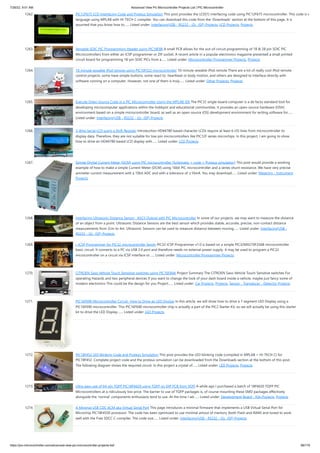 7/26/22, 9:51 AM Advanced View Pic Microcontroller Projects List | PIC Microcontroller
https://pic-microcontroller.com/advanced-view-pic-microcontroller-projects-list/ 99/179
1262. PIC12F675 LCD Interfacing Code and Proteus Simulation
This post provides the LCD[1] interfacing code using PIC12F675 microcontroller. This code is w
language using MPLAB with HI-TECH C compiler. You can download this code from the 'Downloads' section at the bottom of this page. It is
assumed that you know how to…... Listed under: Interfacing(USB - RS232 - I2c -ISP) Projects, LCD Projects, Projects
1263. Versatile SOIC PIC Programming Header using PIC18F88
A small PCB allows for the out-of-circuit programming of 18 & 28 pin SOIC PIC
Microcontrollers from either an ICSP programmer or ZIF socket. A recent article in a popular electronics magazine presented a small printed
circuit board for programming 18-pin SOIC PICs from a…... Listed under: Microcontroller Programmer Projects, Projects
1264. 10-minute sewable iPod remote using PIC10F222 microcontroller
10-minute sewable iPod remote There are a lot of really cool iPod remote
control projects: some have simple buttons, some react to  heartbeat or body motion, and others are designed to interface directly with
software running on a computer. However, not one of them is truly…... Listed under: Other Projects, Projects
1265. Execute Open-Source Code in a PIC Microcontroller Using the MPLAB IDE
The PIC32 single-board computer is a de facto standard tool for
developing microcomputer applications within the hobbyist and educational communities. It provides an open-source hardware (OSH)
environment based on a simple microcontroller board, as well as an open-source (OS) development environment for writing software for…...
Listed under: Interfacing(USB - RS232 - I2c -ISP) Projects
1266. 3-Wire Serial LCD using a Shift Register
Introduction HD44780 based character LCDs require at least 6 I/O lines from microcontroller to
display data. Therefore, they are not suitable for low-pin microcontrollers like PIC12F series microchips. In this project, I am going to show
how to drive an HD44780 based LCD display with…... Listed under: LCD Projects
1267. Simple Digital Current Meter (DCM) using PIC microcontroller (Schematic + code + Proteus simulation)
This post would provide a working
example of how to make a simple Current Meter (DCM) using 16bit PIC microcontroller and a series shunt resistance. We have very precise
ammeter current measurement with a 10bit ADC and with a tolerance of ±10mA. You may download…... Listed under: Metering - Instrument
Projects
1268. Interfacing Ultrasonic Distance Sensor : ASCII Output with PIC Microcontroller
In some of our projects, we may want to measure the distance
of an object from a point. Ultrasonic Distance Sensors are the best sensor which provides stable, accurate, precise, non-contact distance
measurements from 2cm to 4m. Ultrasonic Sensors can be used to measure distance between moving…... Listed under: Interfacing(USB -
RS232 - I2c -ISP) Projects
1269. j. ICSP Programmer for PIC32 microcontroller family
PIC32 ICSP Programmer v1.0 is based on a simple PIC32MX270F256B microcontroller
basic circuit. It connects to a PC via USB 2.0 port and therefore needs no external power supply. It may be used to program a PIC32
microcontroller on a circuit via ICSP interface or…... Listed under: Microcontroller Programmer Projects
1270. CITROEN Saxo Vehicle Touch Sensitive switches using PIC16F84A
Project Summary The CITROEN Saxo Vehicle Touch Sensitive switches For
operating Hazards and two peripheral devices If you want to change the look of your dash board inside a vehicle, maybe just fancy some of
modern electronics This could be the design for you Project…... Listed under: Car Projects, Projects, Sensor - Transducer - Detector Projects
1271. PIC16F690 Microcontroller Circuit- How to Drive an LED Display
In this article, we will show how to drive a 7 segment LED Display using a
PIC16F690 microcontroller. This PIC16F690 microcontroller chip is actually a part of the PIC2 Starter Kit, so we will actually be using this starter
kit to drive the LED Display.…... Listed under: LED Projects
1272. PIC18F452 LED Blinking Code and Proteus Simulation
This post provides the LED blinking code (compiled in MPLAB + HI-TECH C) for
PIC18F452. Complete project code and the proteus simulation can be downloaded from the Downloads section at the bottom of this post.
The following diagram shows the required circuit. In this project a crystal of…... Listed under: LED Projects, Projects
1273. Ultra-easy use of 64-pin TQFP PIC18F6620 using TQFP-to-DIP PCB from VOTI
A while ago I purchased a batch of 18F6620 TQFP PIC
Microcontrollers at a ridiculously low price. The barrier to use of TQFP packages is, of course mounting these SMD packages effectively
alongside the ‘normal’ components enthusiasts tend to use. At the time I set…... Listed under: Development Board - Kits Projects, Projects
1274. A Minimal USB CDC ACM aka Virtual Serial Port
This page introduces a minimal firmware that implements a USB Virtual Serial Port for
Microchip PIC18F4550 processor. The code has been optimized to use minimal amout of memory (both Flash and RAM) and tuned to work
well with the Free SDCC C-compiler. The code size…... Listed under: Interfacing(USB - RS232 - I2c -ISP) Projects
 