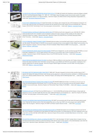 9/8/22, 9:17 AM Advanced View Pic Microcontroller Projects List | PIC Microcontroller
https://pic-microcontroller.com/advanced-view-pic-microcontroller-projects-list/ 43/180
540. PIC16F84 DS1920 SCROLLING TEMPERATURE DISPLAY MAX7219 CCS C Pic16f84 LED display with temperature measuring software compiled
with CCS C Scrolling Temperature Display. -55 – 100C (-67 – 212F) range 4 digit LED display compile-time animation options This project
shows a temperature readout on a 4-digit LED display.... Electronics Projects, PIC16F84 DS1920 Scrolling Temperature Display MAX7219…...
Listed under: Temperature Measurement Projects
541. PIC16C74 NTC THERMOMETER CIRCUIT A simple thermometer circuit display used to display the value of the temperature sensing for 10 k
ntc also relay output the relay can be backed by sustained with the transistor has very little material can be accomplished with... Electronics
Projects, PIC16C74 NTC Thermometer Circuit "microchip projects, microcontroller…... Listed under: Metering - Instrument Projects
542. PIC16C84 PICMICRO CONTROLLED CAPACITANCE METER CIRCUIT PIC16C84 and with other integrated circuits (74HC390, 4011, NE555)
measuring devices with micro-controller can be an example to people who want to design pcb files available asm the schema The
Capacitance Meter has 4 ranges. In Manual Mode each... Electronics Projects, PIC16C84 PICmicro Controlled Capacitance Meter
Circuit "microchip…... Listed under: Metering - Instrument Projects
543. PIC16C74 EMBEDDED 10BASET ETHERNET CS8900 Embedded ethernet enables microcontroller based projects to send and receive packets
over the network. The board shown on the left is actual size and incorporates all the circuitry needed to enable 10BaseT communications. The
board is designed to minimize... Electronics Projects, PIC16C74 Embedded 10BaseT Ethernet CS8900 "microchip projects,…... Listed under:
Internet - Ethernet - LAN Projects
544. DS1820 TEMPERATURE SENSOR CIRCUIT PIC16F84 ASSEMBLY DS1820 sensor designed for use with assembly language PIC16F84 on a circuit
board data is displayed via 2 x 16 LCD mplab working on the code you can see step by step. cod file, including all source code
available... Electronics Projects, DS1820 Temperature Sensor Circuit PIC16F84 Assembly "microchip…... Listed under: Temperature
Measurement Projects
545. ADXL05 DIĞITAL INCLINOMETER CIRCUIT PIC16F84 microchip pic 16f84 how different circuits have been with. Display indicators that could
measure the angle of inclination sensor information received through a circuit ADXL05 and 74HC164 microcontroller is displayed on the 7
segment display with PIC assembly language... Electronics Projects, ADXL05 Diğital Inclinometer Circuit PIC16F84 "microchip projects,…...
Listed under: Metering - Instrument Projects
546. LED DISPLAY WITH PIC16F84 ADJUSTABLE TIMER CIRCUIT 16f84 cd4511 decoder integrated circuit and timing controller based on the 7
segment LED display with display and buzzer sound can give warning adjustment is done with the buttons numbered 1,2,3 MPASM assembler
source. Asm software available Darkroom timer... Electronics Projects, LED Display with PIC16F84 Adjustable Timer…... Listed under: Clock -
Timer Projects
547. CAR THERMOMETER PROJECT PICBASIC PRO DS18B20 PIC16F628 PIC16F628 DS18B20 thermometer circuit that you can use in your car,
inside and outside temperature thermometer circuit is a circuit that shows up on the LCD isis proteus ares pcb and simulation software
available in source and hex pbp... Electronics Projects, Car Thermometer Project PicBasic Pro DS18B20…... Listed under: Metering - Instrument
Projects
548. PIC18F2455 LCD CLOCK LCD Clock Circuit pic18f2455 based on 2 × 16 LCD (HD44780) and the date and time display is doing mplab ide
prepared on source c and other header files there also eagle crafted with diagrams, pcb dosyalarıda var c... Electronics Projects, PIC18F2455
LCD Clock "microchip projects, microcontroller projects,…... Listed under: Clock - Timer Projects
549. PIC16F877 LCD MOTORS SPEED INDICATOR ENCODER CIRCUIT PIC16F877 microcontroller with LCD also shows the engine speed encoder
circuit. These and the interrupt routine of the main program flow chart is a flow chart. PORT in the main program and is defined PORTB
aspects. Then the program... Electronics Projects, PIC16F877 LCD Motors Speed indicator Encoder…... Listed under: LCD Projects
550. MICROCONTROLLER CONTROLLED METAL DETECTOR CIRCUITS OVER 1M Detailed descriptions of circuit diagram pcb layout asm hex file
with a list of materials is controlled by the metal detector PIC16C84 microcontroller circuit Metal detectors and other integrated circuits used
in the TL072, Icm7555, LMC7660, LM318, 4066 There... Electronics Projects, Microcontroller Controlled Metal Detector Circuits Over…... Listed
under: Other Projects
551. WITH BUTTON CONTROL CCS C CIRCUIT LCD DISPLAY PIC16F877 CCS-C code that prepare “@ fxdev” a project done on request circuit up
and down the third button 2 buttons to control the direction of the desired output number appears on the LCD[clear][clear] screen when the
output of the... Electronics Projects, With Button Control CCS C Circuit…... Listed under: LCD Projects
 