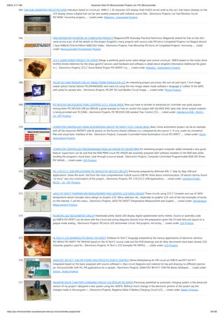 9/8/22, 9:17 AM Advanced View Pic Microcontroller Projects List | PIC Microcontroller
https://pic-microcontroller.com/advanced-view-pic-microcontroller-projects-list/ 45/180
565. CAR FUEL MONITOR CIRCUIT PIC16F84 Indicators based on circuit pic 16f84 2 × 20 character LCD display hitah lm032 arrıntıl xmbl as the car’s fuel status displays on the
LCD display shows a digital fuel can be said assebly prepared with software source files... Electronics Projects, Car Fuel Monitor Circuit
PIC16F84 "microchip projects,…... Listed under: Metering - Instrument Projects
566. FREE MICROCHIP PICMICRO OF COMPLETED PROJECTS Magazine EPE (Everyday Practical Electronics Magazine) shared for free on the site I
came across a pic of all the details on the project (English)’s many projects with source code PICmicro Completed Projects List Magick Musick
( 2xpic16f84,tlc7524,lm358,lm13600,l202 Video... Electronics Projects, Free Microchip PICmicro of Completed Projects "microchip…... Listed
under: Microcontroller Programmer Projects
567. CCS C SUMO ROBOT PROJECT PIC16F876 Design a perfectly good sumo robot design and control circuit pic 16f876 based on the motor drive
lm293d drizzle detection for the sharp gp2d12 sensors used hardware and software in detail about (english) Information Additional file given
in (.... Electronics Projects, CCS C Sumo Robot Project PIC16F876 "ccs…... Listed under: Robotics - Automation Projects
568. PIC24F SD CARD READER CIRCUIT IMAGE FRAME NOKIA 6100 LCD An interesting project you know, this sort sd card input 7 inch image
viewer (photo frame) fashion PIC24FJ64GA002 and nokia lcd using the mini image viewer made software c language yl crafted 16-bit dsPIC
with çalıkş for people who... Electronics Projects, PIC24F SD Card Reader Circuit Image…... Listed under: Phone Projects
569. PIC18F2550 USB ISOLATED TRIAC CONTROL CCS C VISUAL BASIC Now you have to wonder to advanced pic controller was quite popular
among them PIC18F2550 USB pic18f2520 a good example on how to control the output with the MOC3042 opto triac driver output isolation
is being provided and TIC236M... Electronics Projects, PIC18F2550 USB isolated Triac Control CCS…... Listed under: Interfacing(USB - RS232 -
I2c -ISP) Projects
570. COMPUTER CONTROLLED HOME AUTOMATION CIRCUIT PIC16F877 CCS C VISUAL BASIC Basic home automation project can be an example
with all the resources INFINITY side @ picproj on the forums shared software ccs-c prepared by the source. C. H ccsc codes isis simulation
files and visual basic interface of the... Electronics Projects, Computer Controlled Home Automation Circuit PIC16F877…... Listed under: Home
Automation Projects
571. COMPUTER-CONTROLLED PROGRAMMABLE RGB LED DRIVER PIC16F628 PWM An interesting project computer-aided olmasıda a very good
feature. Supervision can be said that the RGB PWM circuit PIC16F628 dali assembly prepared with software installed on the RGB data while
sending the program’s visual basic code through a source-based... Electronics Projects, Computer-Controlled Programmable RGB LED Driver
PIC16F628…... Listed under: LED Projects
572. PIC C18 CCS C USB APPLICATIONS PIC18F4550 PIC18F2550 CIRCUITS Previously prepared by @Ahmet ATA `s” Step by Step USB and
Applications “share the work I did from the most comprehensive Turkish source USB PIC think about communication. Of electro-techno forum
“to tmco” very nice continuation of this project,... Electronics Projects, PIC C18 CCS C USB Applications…... Listed under: Interfacing(USB -
RS232 - I2c -ISP) Projects
573. LM35 PIC16F877 TEMPERATURE MEASUREMENT AND GRAPHIC LCD MENU DESIGN These circuits using CCS C Compiler and use of LM35
temperature sensor includes menu design on Graphic LCD. Menu selection, etc., especially on graphic LCD. one of the rare examples of issues
on the Internet. (I call this menu... Electronics Projects, LM35 PIC16F877 Temperature Measurement and Graphic…... Listed under: Temperature
Measurement Projects
574. PICMICRO LED TACHOMETER CIRCUIT Handmade pretty stylish LED display digital speedometer tacho meters. Source or assembly code
pic16f874 PIC16F877 can be done with the circuit and wiring diagrams directly from the preparation given the 33-hole leds pcb layout on a
plaque made analog... Electronics Projects, PICmicro LED tachometer Circuit "led projects, microchip…... Listed under: LED Projects
575. HI TECH C LCD EXAMPLES PIC18F452, PIC16F877 Software Hi-Tech C language prepared by the various applications of electronic sections
PIC18F452 PIC16F877 PIC18F4550 based on the Hi Tech C source code and the PCB drawings and all other documents have been shared, LCD
character graphics used for... Electronics Projects, Hi Tech C LCD Examples PIC18F452,…... Listed under: LCD Projects
576. SAAA1057 BH1417 15W FM STEREO MULTIPLEX PIC16S819 CONTROL Stereo Multiplexing for FM circuit pic16f819 saa1057 bh1417
integrated based on the basic prepared with source software’s (. Bas) circuit diagrams and material list has pcb drawing no different practice
pic microcontroller with PLL FM applications for a sample... Electronics Projects, SAAA1057 BH1417 15W FM Stereo Multiplex…... Listed under:
Sound - Audio Projects
577. NEGATIVE DELTA-V BATTERY CHARGING CIRCUIT LCD DISPLAY PIC16F876 Previously published as automatic charging system is the advanced
version of my project I designed a new system using the 16F876. Without much change in the electronic portion of the system say the
changes made in the program. I... Electronics Projects, Negative Delta-V Battery Charging Circuit LCD…... Listed under: Battery Projects
 