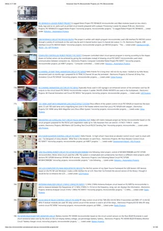 9/8/22, 9:17 AM Advanced View Pic Microcontroller Projects List | PIC Microcontroller
https://pic-microcontroller.com/advanced-view-pic-microcontroller-projects-list/ 61/180
774. PIC18F46K20 6-LEGGED ROBOT PROJECT 6-Legged Robot Project PIC18F46K20 microcontroller and XBee modules based on two robot’s
body, legs and so on. parts such as printed circuit boards prepared with a plaque. Processing is easier for plaque PCBs are...Electronics
Projects, PIC18F46K20 6-Legged Robot Project "microchip projects, microcontroller projects, " 6-Legged Robot Project PIC18F46K20…... Listed
under: Robotics - Automation Projects
775. USB INTERFACE CIRCUIT PIC18F2550 DELPHI The project is written with delphi program microcontroller used USB interface Pic18f2550 control
through a variety of commands on the card may be sent 4 channel button input, 4-channel led output, 2 x 16...Electronics Projects, USB
Interface Circuit Pic18f2550 Delphi "microchip projects, microcontroller projects, pic18f2550 projects, " The…... Listed under: Interfacing(USB -
RS232 - I2c -ISP) Projects
776. COMPUTER CONTROLLED ROBOT PROJECT PIC16F877 Computer-controlled robot circuit special program is moving according to the shapes
drawn on further action can be achieved by giving the coordinates instead of drawing circuit PIC16F877 microcontroller used robot
communication between computers via... Electronics Projects, Computer Controlled Robot Project PIC16F877 "microchip projects,
microcontroller projects, pic16f877 projects, " Computer-controlled…... Listed under: Robotics - Automation Projects
777. 8 CHANNEL 24 AMP TRIAC ANIMATION CIRCUIT PIC16F628 Hello Friends For a long time I did not do my share. I looked at my little library
amusement park six months ago I prepared for bi TRIAC 8 Channel 24 saw the animated... Electronics Projects, 8 Channel 24 Amp Triac
Animation Circuit PIC16F628 "microchip projects, microcontroller projects,…... Listed under: Other Projects
778. 40 CHANNEL ANIMATION LED CIRCUIT PIC18F452 Especially those used in LED signage is an enhanced version of the animation card has 40
outputs to the circuit board PIC18F452 microcontroller outputs 5 sadder 74ls595 irf540n MOSFETs are used in the multiplexed... Electronics
Projects, 40 Channel Animation Led Circuit PIC18F452 "led projects, microchip projects, microcontroller projects,…... Listed under: LED Projects
779. 12V 100W LAMP WITH MAGNIFIER LENS DISCO EFFECT SYSTEM Disco effects of the system control circuit PIC16F628 on board but the basic
parts 12 volt 100-watt lamp and a magnifying lens (one in the header extend more than you;)) PIC16F628 with stepper... Electronics
Projects,12V 100W Lamp With Magnifier Lens Disco Effect System "microchip projects, microcontroller projects,…... Listed under: Other
Projects
780. 8X8 MATRIX LED SCROLLING TEXT CIRCUIT RS232 SENDING TEXT 8x8px LED matrix marquee project pic16c52p microcontroller based on the
circuit program prepared for the RS232 port negotiation make up to 128 characters font can send 8 × 8 TA23-11EW A – matrix
screens...Electronics Projects, 8X8 Matrix LED Scrolling Text Circuit RS232 Sending Text "microchip projects, microcontroller…... Listed under:
LED Projects
781. 4TH FLOOR ELEVATOR CONTROL CIRCUIT PIC16F877 Hello Friends . In high school I have done an elevator control circuit I want to share with
you . I’ve designed a 4-story elevator . What floor is the elevator on each floor,... Electronics Projects, 4th Floor Elevator Control Circuit
PIC16F877 "microchip projects, microcontroller projects, pic16f877 projects, "…... Listed under: Development Board - Kits Projects
782. LINE FOLLOWING ROBOT CIRCUIT PIC12F508 MC68HC908QB8 Line following robot project, control of MC68HC908QB8 and PIC12F508
microcontrollers. Motor drive circuit used the L298. The system is complicated and cumbersome, but there’s a different robot projects useful
sections PIC12F508-American SFH506-36 IR receiver... Electronics Projects, Line Following Robot Circuit PIC12F508
MC68HC908QB8 "microchip projects, microcontroller projects, " Line following…... Listed under: Robotics - Automation Projects
783. USC LCD COMPUTER CPU RAM INDICATOR PIC18F2550 For the first version of my Open Source Framework for USB Generic HID devices
based on the PIC18F and Windows I made a USB interface for an LCD. Now that I've finished the second version of the library I thought it
would be fun to enhance the LCD…... Listed under: LCD Projects
784. ANTENNA ANALYZER CIRCUIT 31MHZ 1.3MHZ PIC16F873 1.3 MHz 31MHz Antenna Analyzer circuit based on Pic16f873a microcontroller is
able to measure between the frequencies of 1.3 MHz 31MHz 2 x 16 lcd on the frequency, omaj, swr, etc displays the information....Electronics
Projects, Antenna Analyzer Circuit 31mhz 1.3MHz PIC16F873 "microchip projects, microcontroller projects, " 1.3 MHz…... Listed under: Radio
Projects
785. 433.92 MHZ RF RELAY CONTROL CIRCUIT PIC16F84 RF relay control circuit of the TWS-BS3 433.92 MHz rf transmitter and RWS-371-6 433.92
MHz rf receiver modules are used. RF relay control circuit of the receiver is used in all of the relays... Electronics Projects,433.92 MHz RF relay
control circuit PIC16F84 "microchip projects, microcontroller projects, pic16f84…... Listed under: Radio Projects
786. PIC16F690 BQ2018 BATTERY MONITOR CIRCUIT Battery monitor PIC16F690 microcontroller based on the circuit current sensors on the floor BQ2018 enteree is used
shunt resistance taken over by the value on the LCD display battery voltage, use percentage (battery, battery... Electronics Projects, PIC16F690 BQ2018 Battery Monitor
Circuit "battery charger circuit, microchip projects, microcontroller projects, "…... Listed under: Battery Projects
 