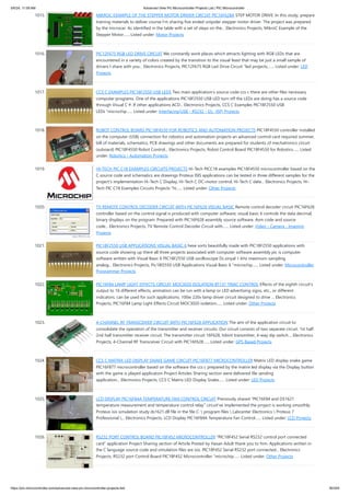 1015. MIKROC EXAMPLE OF THE STEPPER MOTOR DRIVER CIRCUIT PIC16F628A STEP MOTOR DRIVE: In this study, prepare
training materials to deliver course I’m sharing five ended unipolar stepper motor driver. The project was prepared
by the microcar. As identified in the table with a set of steps on the... Electronics Projects, MikroC Example of the
Stepper Motor…... Listed under: Motor Projects
1016. PIC12F675 RGB LED DRIVE CIRCUIT We constantly work places which attracts lighting with RGB LEDs that are
encountered in a variety of colors created by the transition to the visual feast that may be just a small sample of
drivers I share with you... Electronics Projects, PIC12F675 RGB Led Drive Circuit "led projects,…... Listed under: LED
Projects
1017. CCS C EXAMPLES PIC18F2550 USB LEDS Two main application’s source code ccs c there are other files necessary
computer programs. One of the applications PIC18F2550 USB LED turn off the LEDs are doing has a source code
through Visual C #. If other applications ACD... Electronics Projects, CCS C Examples PIC18F2550 USB
LEDs "microchip…... Listed under: Interfacing(USB - RS232 - I2c -ISP) Projects
1018. ROBOT CONTROL BOARD PIC18F4550 FOR ROBOTICS AND AUTOMATION PROJECTS PIC18F4550 controller installed
on the computer (USB) connection for robotics and automation projects an advanced control card required summer,
bill of materials, schematics, PCB drawings and other documents are prepared for students of mechatronics circuit
(suboard) PIC18F4550 Robot Control... Electronics Projects, Robot Control Board PIC18F4550 for Robotics…... Listed
under: Robotics - Automation Projects
1019. HI-TECH PIC C18 EXAMPLES CIRCUITS PROJECTS Hi-Tech PICC18 examples PIC18F4550 microcontroller based on the
C source code and schematics are drawings Proteus ISIS applications can be tested in three different samples for the
project’s implementation Hi-Tech C Display, Hi-Tech C DC-motor control, Hi-Tech C date... Electronics Projects, Hi-
Tech PIC C18 Examples Circuits Projects "hi…... Listed under: Other Projects
1020. TV REMOTE CONTROL DECODER CIRCUIT WITH PIC16F628 VISUAL BASIC Remote control decoder circuit PIC16F628
controller based on the control signal is produced with computer software, visual basic 6 controls the data decimal,
binary displays on the program. Prepared with PIC16F628 assembly source software. Asm code and source
code... Electronics Projects, TV Remote Control Decoder Circuit with…... Listed under: Video - Camera - Imaging
Projects
1021. PIC18F2550 USB APPLICATIONS VISUAL BASIC 6 hese sorts beautifully made ​
​
with PIC18F2550 applications with
source code showing up there all three projects associated with computer software assembly pic is computer
software written with Visual Basic 6 PIC18F2550 USB oscilloscope Dc.sinyal 1 kHz maximum sampling
analog... Electronics Projects, Pic18f2550 USB Applications Visual Basic 6 "microchip…... Listed under: Microcontroller
Programmer Projects
1022. PIC16F84 LAMP LIGHT EFFECTS CIRCUIT MOC3020 ISOLATION BT137 TRIAC CONTROL Effects of the eighth circuit's
output to 16 different effects, animation can be run with a lamp or LED advertising signs, etc., or different
indicators. can be used for such applications. 100w 220v lamp driver circuit designed to drive ... Electronics
Projects, PIC16F84 Lamp Light Effects Circuit MOC3020 isolation…... Listed under: Other Projects
1023. 4-CHANNEL RF TRANSCEIVER CIRCUIT WITH PIC16F628 APPLICATION The aim of the application circuit to
consolidate the operation of the transmitter and receiver circuits. Our circuit consists of two separate circuit. 1st half
2nd half transmitter receiver circuit. The transmitter circuit 16F628, hibirit transmitter, 4-way dip switch.... Electronics
Projects, 4-Channel RF Transceiver Circuit with PIC16F628…... Listed under: GPS Based Projects
1024. CCS C MATRIX LED DISPLAY SNAKE GAME CIRCUIT PIC16F877 MICROCONTROLLER Matrix LED display snake game
PIC16F877 microcontroller based on the software the ccs c prepared by the matrix led display via the Display button
with the game is played application Project Articles Sharing section were delivered file sending
application... Electronics Projects, CCS C Matrix LED Display Snake…... Listed under: LED Projects
1025. LCD DISPLAY PIC16F84A TEMPERATURE FAN CONTROL CIRCUIT Previously shared “PIC16F84 and DS1621
temperature measurement and temperature control relay” circuit’ve implemented the project is working smoothly.
Proteus isis simulation study ds1621.dll file in the file C:  program files  Labcenter Electronics  Proteus 7
Professional ... Electronics Projects, LCD Display PIC16F84A Temperature Fan Control…... Listed under: LCD Projects
1026. RS232 PORT CONTROL BOARD PIC18F452 MICROCONTROLLER “PIC18F452 Serial RS232 control port connected
card” application Project Sharing section of Article Posted by Hasan Adult thank you to him. Applications written in
the C language source code and simulation files are isis. PIC18F452 Serial RS232 port connected... Electronics
Projects, RS232 port Control Board PIC18F452 Microcontroller "microchip…... Listed under: Other Projects
5/6/24, 11:09 AM Advanced View Pic Microcontroller Projects List | PIC Microcontroller
https://pic-microcontroller.com/advanced-view-pic-microcontroller-projects-list/ 90/204
 