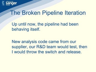The Broken Pipeline Iteration
Up until now, the pipeline had been
behaving itself.
New analysis code came from our
supplier, our R&D team would test, then
I would throw the switch and release.
 