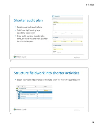 9-7-2019
14
Shorter audit plan
 Create quarterly audit plans
 Set Capacity Planning to a
quarterly frequency
 Only build out one quarter at a
time, or build out the next quarter
as a tentative plan
Agile Auditing
Structure fieldwork into shorter activities
 Break fieldwork into smaller sections to allow for more frequent review
Agile Auditing
27
28
 