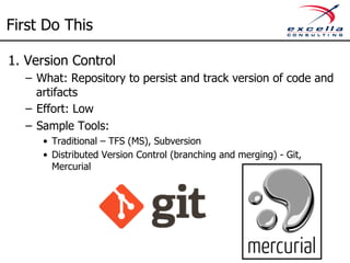 First Do This 
1. Version Control 
– What: Repository to persist and track version of code and 
artifacts 
– Effort: Low 
– Sample Tools: 
• Traditional – TFS (MS), Subversion 
• Distributed Version Control (branching and merging) - Git, 
Mercurial 
 