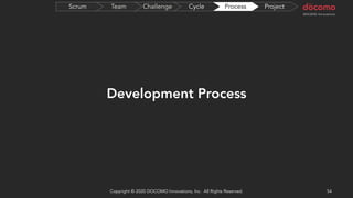 Development Process
54Copyright © 2020 DOCOMO Innovations, Inc. All Rights Reserved.
ProjectProcessCycleChallengeTeamScrum
 