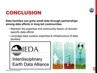 2020
CONCLUSION
Data facilities can grow small data through partnerships
among data efforts in long tail communities
• Maintain the expertise and community liaison of domain-
specific data efforts
• Leverage data curation expertise & infrastructure of data
facilities
AGU FM 2014: IN14B-01
20
Interdisciplinary
Earth Data Alliance
 