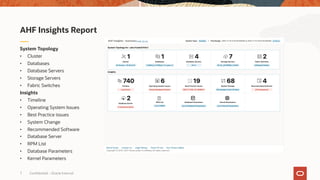 Confidential – Oracle Internal
7
System Topology
• Cluster
• Databases
• Database Servers
• Storage Servers
• Fabric Switches
Insights
• Timeline
• Operating System Issues
• Best Practice issues
• System Change
• Recommended Software
• Database Server
• RPM List
• Database Parameters
• Kernel Parameters
AHF Insights Report
 