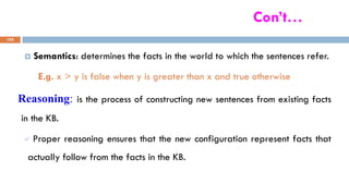 Con’t…
102
 Semantics: determines the facts in the world to which the sentences refer.
E.g. x > y is false when y is greater than x and true otherwise
Reasoning: is the process of constructing new sentences from existing facts
in the KB.
 Proper reasoning ensures that the new configuration represent facts that
actually follow from the facts in the KB.
 