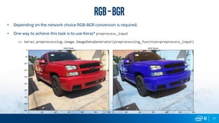 57
• Depending on the network choice RGB-BGR conversion is required.
• One way to achieve this task is to use Keras* preprocess_input
>> keras.preprocessing.image.ImageDataGenerator(preprocessing_function=preprocess_input)
RGB–BGR
 