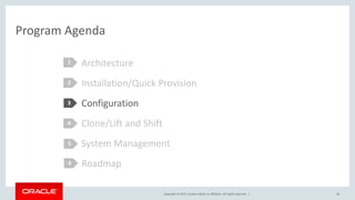 Copyright © 2017, Oracle and/or its affiliates. All rights reserved. |
Program Agenda
Architecture
Installation/Quick Provision
Configuration
Clone/Lift and Shift
System Management
Roadmap
1
2
3
4
30
5
6
 