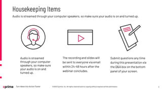 3
©2023 Cprime, Inc. All rights reserved and no copying without express written permission.
Turn Ideas into Action Faster
Audio is streamed through your computer speakers, so make sure your audio is on and turned up.
Housekeeping Items
The recording and slides will
be sent to everyone via email
within 24-48 hours after the
webinar concludes.
Submit questions any time
during this presentation via
the Q&A box on the bottom
panel of your screen.
Audio is streamed
through your computer
speakers, so make sure
your audio is on and
turned up.
 