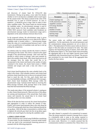 Asian Journal of Applied Science and Technology (AJAST)
Volume 1, Issue 1, Pages 24-29, February 2017
2017 AJAST All rights reserved. www.ajast.net
Page | 27
and discovery of cluster head for CH-to-CH data
transmission. During set-up phase, every node first decides
whether or not it can become a candidate node in each region
for the current round. This choice is based on the value of the
threshold T(n) as used in LEACH protocol. As seen in
equation 1, p should be given a large value in order to elect
many candidate nodes. The cluster heads are elected among
the candidate nodes. An advertisement message is used to
elect cluster heads. For this, the candidate nodes employ a
CSMA MAC protocol. Each candidate node broadcasts an
advertisement message inside its transmission range and is
dependent on the utmost distance between these levels.
In the proposed scheme, the advertisement range is given
double of the maximum distance to cover other levels. When a
candidate node is located within a × Advertisement Range
where the value of a is predetermined between 0 and 1, it has
to give up qualification of candidate node and has to end up
joining the competition.
An ordinary node, by contrast, decides the cluster to which it
will belong for this round. This choice is based on the signal
strength of the advertisement message. After each node has
decided to which cluster it belongs, node must transmit its
data to the suitable cluster head. After cluster head receives all
the messages from the nodes that would like to be
incorporated in the cluster and based on the number of nodes
contained in the cluster, the cluster head creates a TDMA
schedule and assigns each node a time slot when it can
transmit.
Each cluster head broadcasts this same schedule back to the
nodes in the cluster. After schedule creation, each cluster head
performs cluster head discovery to discover an upward cluster
head to reach the sink. For this, each cluster head uses
two-way handshake technique, with REQ and ACK messages.
Each cluster head broadcasts REQ message within the
advertisement range. Upward cluster head on receiving this
REQ message transmits ACK message back to the cluster
head that had transmitted the REQ message.
The steady-state phase of the proposed scheme is analogous
to other cluster-based protocols. Main activities of this phase
are sensing and transmission of the sensed data. Each nodes
senses and transmits the sensed data to its cluster head
according to their own time schedule.
When all the data has been received, the cluster head perform
data aggregation in order to reduce the amount of data.
Finally, each cluster head transmits data to the sink along the
CH-to-CH routing path which have been fashioned during the
set-up phase. After all the data is transmitted or a definite time
is elapsed, the network goes back into the set-up phase again
and the next round begins by electing the candidate nodes.
4. SIMULATION STUDY
All the simulations were carried using GloMoSim considering
15 sensor nodes. For the simulations, a network model similar
to the one used in the conventional clustering protocols is
assumed with the following properties.
Table 1. Simulation parameter setup
Parameter Acronym Values
Cluster topology (m)
Tx/Rx electronics constant
Amplifier constant
CH energy threshold
Packet size
Number of nodes
Transmission range
Sensing range
Cluster range
Ct
Etx/rx
Eamp
Eth
p
N
Rbc
Rsense
Rcluster
100 x 100 m2
50nJ/bit
10pJ/bit/m2
10-4
J
50 bytes
15
70m
15m
30m
The sensor nodes are outfitted with power control
capabilities. For the experiments, the network parameters and
the communication energy parameters are set as shown in
table 1. The deployment of wireless sensor nodes are shown in
figure 4. Here the nodes are assumed to be static. The nodes
organize into hierarchical group of clusters, short while after
the deployment (figure 5). The cluster heads starts forwarding
the aggregated data to the next higher layered cluster head
immediately after hierarchical layers are formed. The process
gets terminated for one round when all the aggregated data
reaches the base station.
Fig.4. Nodes deployment in the proposed algorithm
Fig.5. Cluster formation in the proposed algorithm
The radio channel is assumed to be symmetrical in manner.
Thus, the energy required to transmit a message from a source
to a destination node is same as the energy required to
transmit the same message from the destination node back to
the source node. Moreover, it is mainly assumed that the
communication medium is contention free. Hence there is no
 
