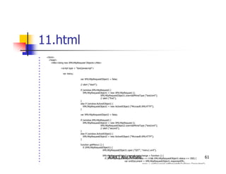 11.html
 <html>
  <head>
    <title>Using two XMLHttpRequest Objects</title>

             <script type = "text/javascript">

               var menu;

                                var XMLHttpRequestObject1 = false;

                                // alert ("start");

                                if (window.XMLHttpRequest) {
                                   XMLHttpRequestObject1 = new XMLHttpRequest ();
                                                    XMLHttpRequestObject1.overrideMimeType ("text/xml");
                                                    // alert ("first");
                                }
                                else if (window.ActiveXObject) {
                                   XMLHttpRequestObject1 = new ActiveXObject ("Microsoft.XMLHTTP");
                                }

                                var XMLHttpRequestObject2 = false;

                                if (window.XMLHttpRequest) {
                                   XMLHttpRequestObject2 = new XMLHttpRequest ();
                                                    XMLHttpRequestObject2.overrideMimeType ("text/xml");
                                                    // alert ("second");
                                }
                                else if (window.ActiveXObject) {
                                   XMLHttpRequestObject2 = new ActiveXObject ("Microsoft.XMLHTTP");
                                }

                                function getMenu1 () {
                                  if (XMLHttpRequestObject1) {
                                                     XMLHttpRequestObject1.open ("GET", "menu1.xml");

                                                      XMLHttpRequestObject1.onreadystatechange = function () {
                                                           AJAX | Atul Kahate
                                                       if (XMLHttpRequestObject1.readyState == 4 && XMLHttpRequestObject1.status == 200) {    61
                                                                         var xmlDocument = XMLHttpRequestObject1.responseXML;
                                                                                          menu = xmlDocument.getElementsByTagName ("menuitem");
 