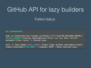 GitHub API for lazy builders
cd ${WORKSPACE}
sudo jo state=failure target_url=http://URL/job/PR_BUILDER_TESTS/$
{BUILD_NUMBER}/console description="Tests run has been failed."
context="CIBox tests" > failed.json
curl -u [bot_name]:[bot_token] https://api.github.com/repos/[org]/
[repo]/statuses/${PR_SHA1} --request POST --data @failed.json
Failed status
 