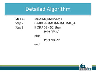 Detailed Algorithm
Step 1:
Step 2:
Step 3:

Input M1,M2,M3,M4
GRADE (M1+M2+M3+M4)/4
if (GRADE < 50) then
Print “FAIL”
else
Print “PASS”
end

 