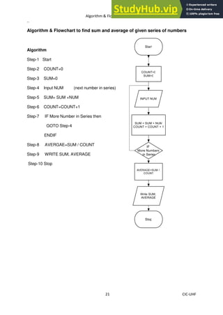Algorithm & Flowchart Manual
21 CIC-UHF
..
Algorithm & Flowchart to find sum and average of given series of numbers
Algorithm
Step-1 Start
Step-2 COUNT=0
Step-3 SUM=0
Step-4 Input NUM (next number in series)
Step-5 SUM= SUM +NUM
Step-6 COUNT=COUNT+1
Step-7 IF More Number in Series then
GOTO Step-4
ENDIF
Step-8 AVERGAE=SUM / COUNT
Step-9 WRITE SUM, AVERAGE
Step-10 Stop
 