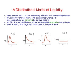 A Distributional Model of Liquidity
•  Assume each dark pool has a stationary distribution P over available shares
•  If we submit v shares, min(v,s) will be executed where s ~ P
•  Our observations are censored by our own actions
•  MLE for P is Kaplan-Meier --- but we must address exploration across pools
•  Want to learn just enough about each pool to do optimal SOR
s	
  
P[s]	
  
Pool	
  A	
  
s	
  
P[s]	
  
Pool	
  B	
  
s	
  
P[s]	
  
Pool	
  C	
  
s	
  
P[s]	
  
Pool	
  D	
  
 