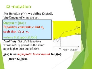  -notation
g(n) is an asymptotic lower bound for f(n).
Intuitively: Set of all functions
whose rate of growth is the same
as or higher than that of g(n).
f(n) = (g(n)).
(g(n)) = {f(n) :
 positive constants c and n0,
such that n  n0,
we have 0  cg(n)  f(n)}
For function g(n), we define (g(n)),
big-Omega of n, as the set:
 