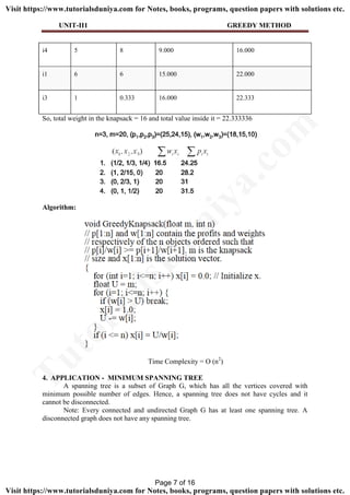 UNIT-II1 GREEDY METHOD
i4 5 8 9.000 16.000
i1 6 6 15.000 22.000
i3 1 0.333 16.000 22.333
So, total weight in the knapsack = 16 and total value inside it = 22.333336
Algorithm:
Time Complexity = O (n2
)
4. APPLICATION - MINIMUM SPANNING TREE
A spanning tree is a subset of Graph G, which has all the vertices covered with
minimum possible number of edges. Hence, a spanning tree does not have cycles and it
cannot be disconnected.
Note: Every connected and undirected Graph G has at least one spanning tree. A
disconnected graph does not have any spanning tree.
Page 7 of 16
TutorialsD
uniya.com
Visit https://www.tutorialsduniya.com for Notes, books, programs, question papers with solutions etc.
Visit https://www.tutorialsduniya.com for Notes, books, programs, question papers with solutions etc.
 