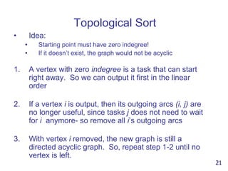 Topological Sort
• Idea:
• Starting point must have zero indegree!
• If it doesn’t exist, the graph would not be acyclic
1. A vertex with zero indegree is a task that can start
right away. So we can output it first in the linear
order
2. If a vertex i is output, then its outgoing arcs (i, j) are
no longer useful, since tasks j does not need to wait
for i anymore- so remove all i’s outgoing arcs
3. With vertex i removed, the new graph is still a
directed acyclic graph. So, repeat step 1-2 until no
vertex is left.
21
 