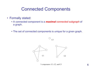 Connected Components
• Formally stated:
• A connected component is a maximal connected subgraph of
a graph.
• The set of connected components is unique for a given graph.
6
 