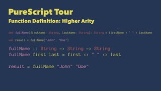 PureScript Tour
Function Definition: Higher Arity
def fullName(firstName: String, lastName: String): String = firstName + " " + lastName
val result = fullName("John", "Doe")
fullName :: String -> String -> String
fullName first last = first <> " " <> last
result = fullName "John" "Doe"
 