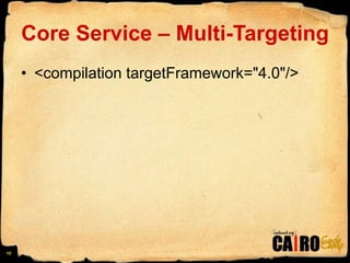 Core Service – Multi-Targeting<compilation targetFramework="4.0"/> 10