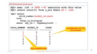 28/11/15 Mohamed Houri www.hourim.wordpress.com
37
SQL> exec :ln2 := 1000 –-4th
execution with this value
SQL> select count(1) from t_acs where n2 = :ln2;
ACS-bind aware secret sauce
SQL> select
child_number,bucket_id,count
from
v$sql_cs_histogram
where sql_id = 'f2pmwazy1rnfd' ;
CHILD_NUMBER BUCKET_ID COUNT
------------ ---------- ----------
1 0 0
1 1 1
1 2 0
0 0 3
0 1 3
0 2 0
count(bucket_id n°1)
incremented
new compiled plan
 