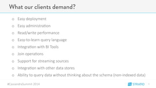 What our clients demand? 
o Easy-deployment 
o Easy-administra3on 
o Read/write-performance 
o EasyRtoRlearn-query-language-o 
Integra3on-with-BI-Tools 
o Join-opera3ons 
o Support-for-streaming-sources 
o Integra3on-with-other-data-stores 
o Ability-to-query-data-without-thinking-about-the-schema-(nonRindexed-data) 
#CassandraSummit-2014 
7" 
 