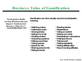 Business Value of Gamification Gamification can drive virtually any kind of participation including: “ Participation Builds Lasting Relationship and Impacts Fundamental Business Objectives” - Bunchball “Gamification 101” Watching videos Listening to audio Viewing photos Opting in to email Creating content Answering questions Making a purchase Taking quizzes Search for info Sharing personal info Rating products Reading articles Registrations Voting on content Writing comments Participating in discussions Posting to forums Taking a poll Visiting repeatedly Visiting affiliate sites Recommending affiliates Source:  Bunchball: Gamification 101 Whitepaper 