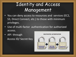 Identity and Access Management
• You can deny access to resources and services (EC2,
S3, Direct Connect, etc.) to those with minimum
privileges.
• Use of multi-factor authentication for authorized
access.
• API through
Access ID/ Secret Key

 